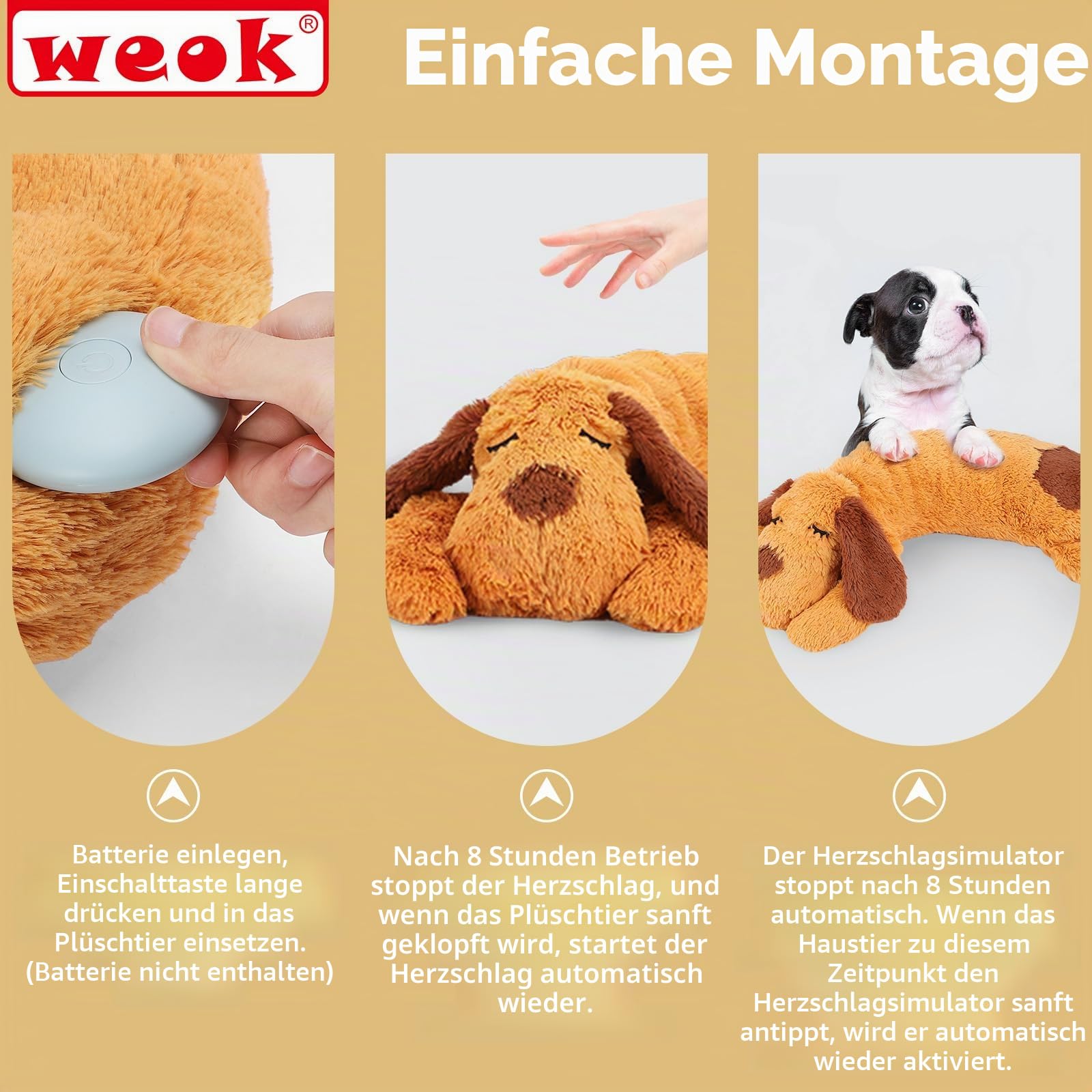 WEOK Herzschlag-Welpenspielzeug – Komfort-Kuschelkissen, zur Linderung von Angstzuständen, beruhigende Hilfe, Herzschlag-Spielzeug für Hunde, Welpenherzschlag-Spielzeug, Schlafhilfe