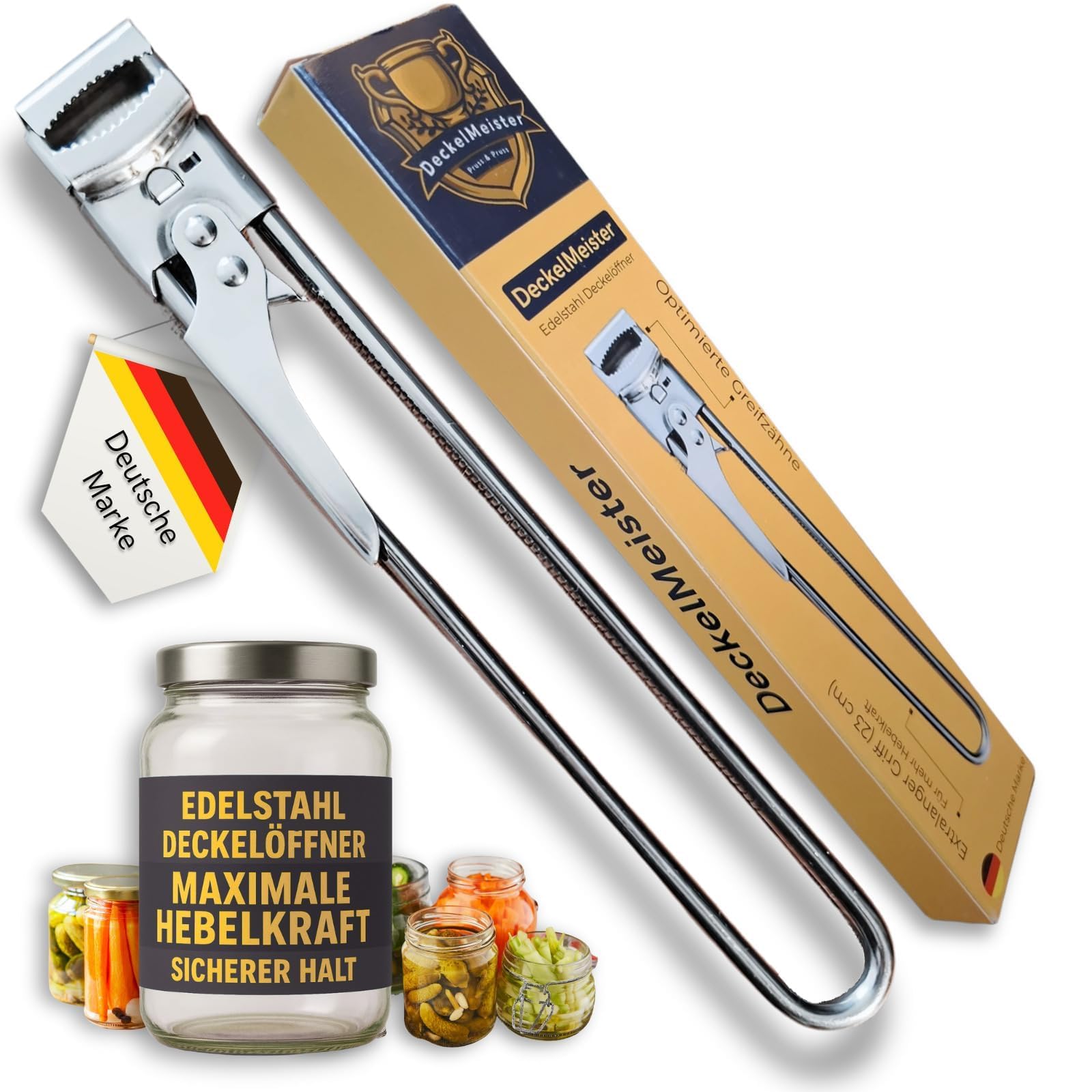 DECKELMEISTER - Edelstahl Deckelöffner, extralanger Hebel, sehr rutschfest, verstellbar, multifunktional, Glas- & Schraubdeckelöffner, verstellbare Öffnungshilfe, optimiertes Design für Senioren