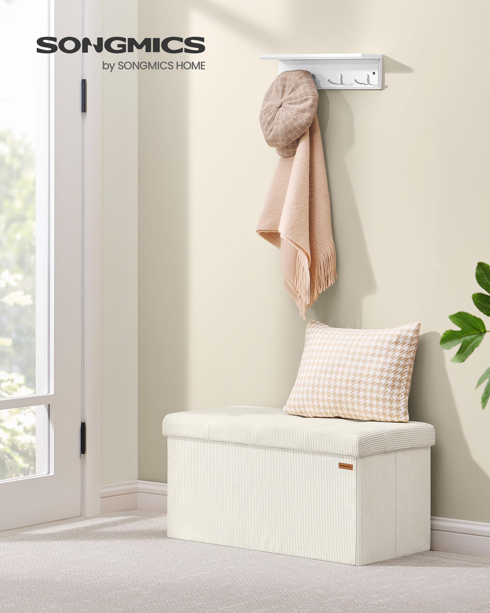 SONGMICS Podnóżek ze schowkiem, składana ławka, 38 x 76 x 38 cm, podnóżek, sofa rozkładana, pojemnik na rzeczy, ładowność do 300 kg, salon, sypialnia, korytarz, kremowo-biały LSF603W01