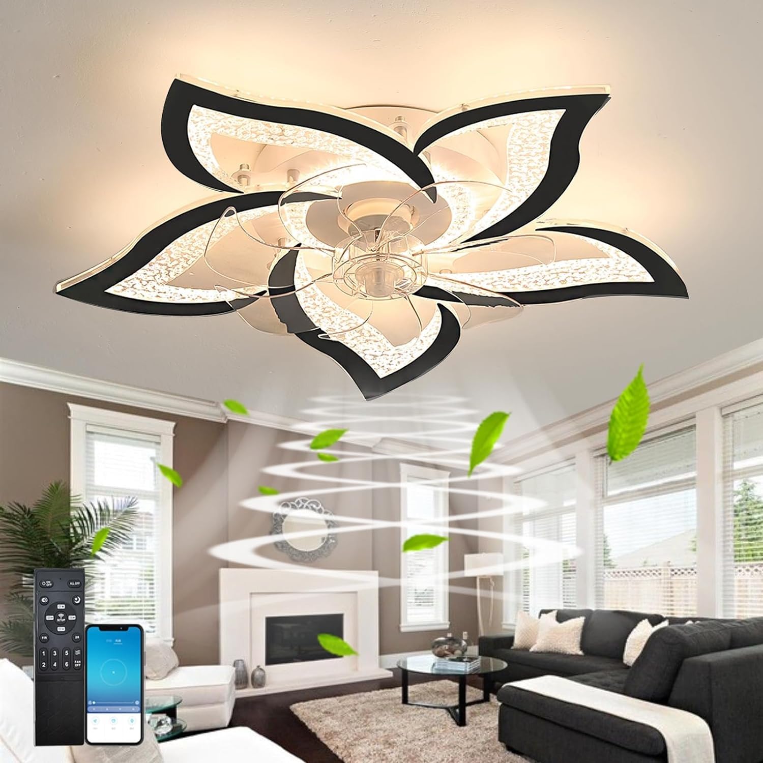 HXYSXHJUO Ceiling fan light 69CM Light with Fan LED Dimmable Reversible DC Remote Control 6 Speed Mute Fancy Living Room Bedroom - White (Black)