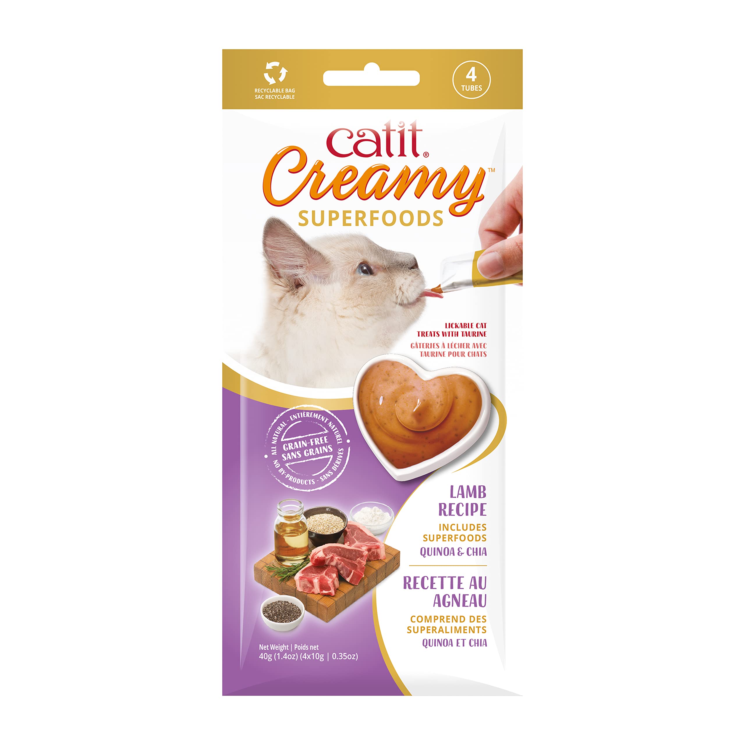 Catit Creamy Superfood Lickable Cat Treat – Hydrating and Healthy Treat for Cats of All Ages - Lamb with Quinoa & Chia, 4-Pack