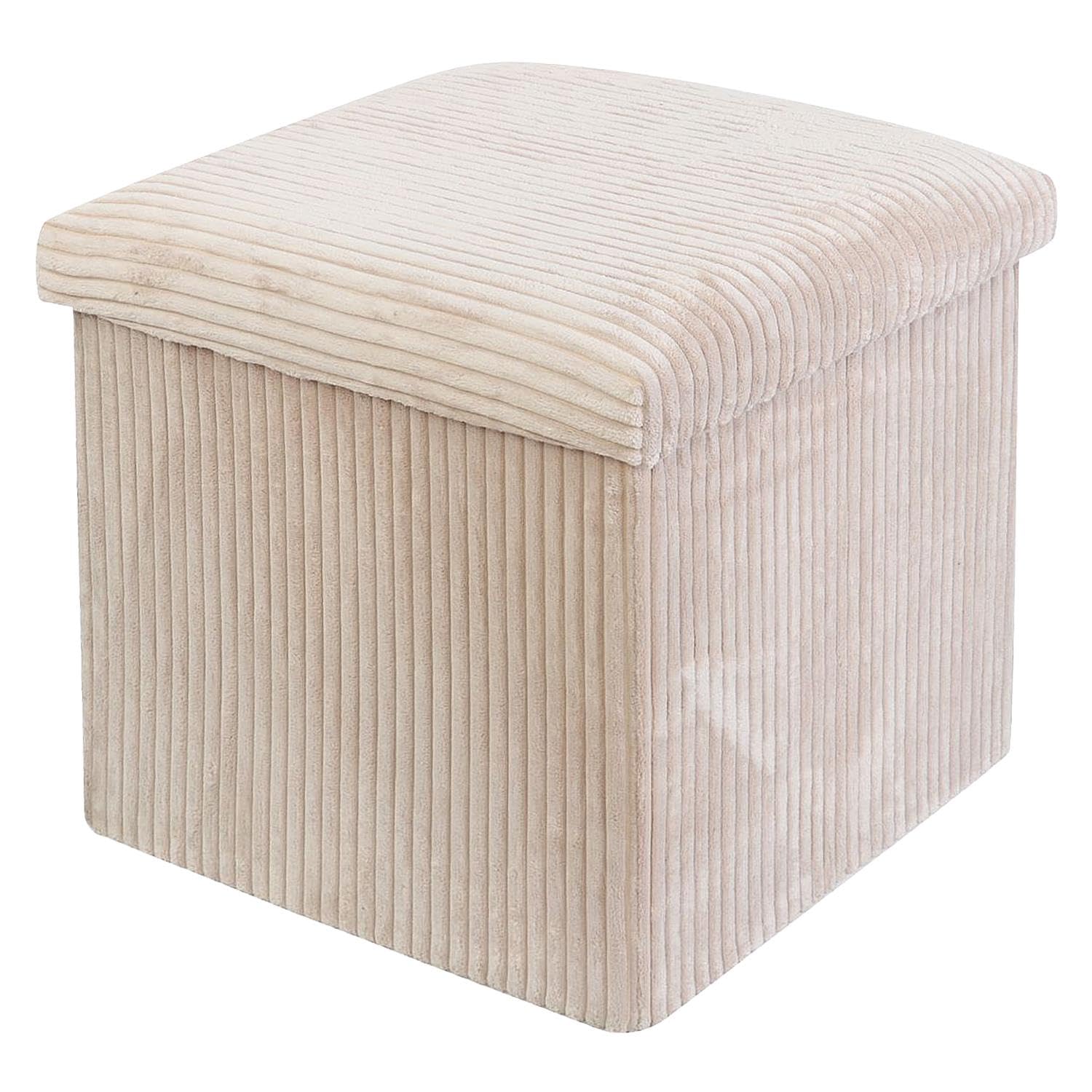 DANIEL JAMES Housewares Folding Ottoman Storage Cube – Compact Padded Footstool Storage Box Chest with Lid for Bedroom, Hallway, Living Room - Corduroy: Beige