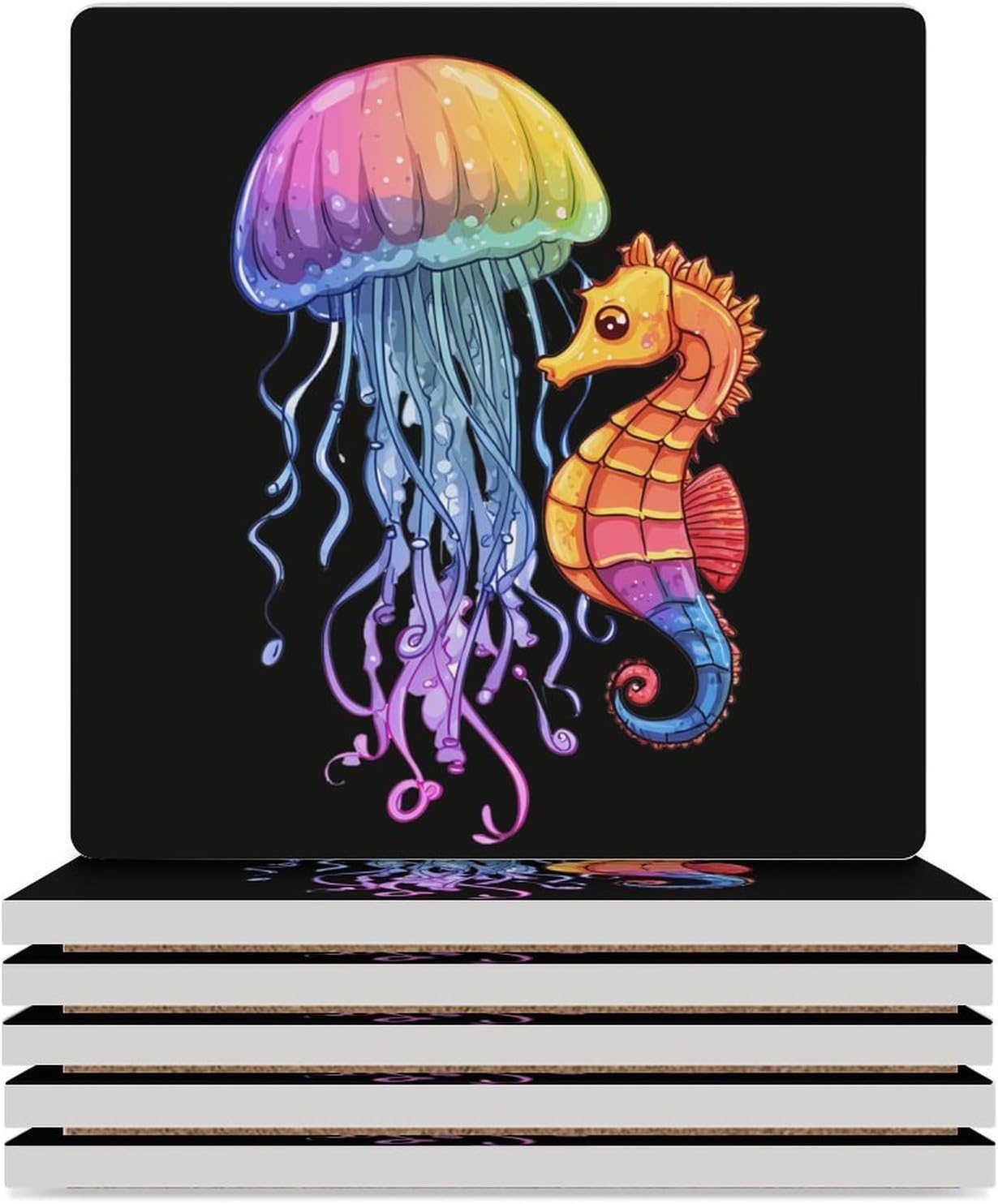 Sea Animal Sea Horse Jellyfish Coaster for Drinks Square Ceramic Table Coasters Stone Mat Crafts 6PCS Home Kitchen Decor