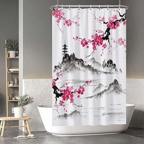 Baocicco Cortina de ducha con flores de ciruelo, flores de cerezo rosa, cortinas de ducha decorativas para baño, cortina de ducha de tela
