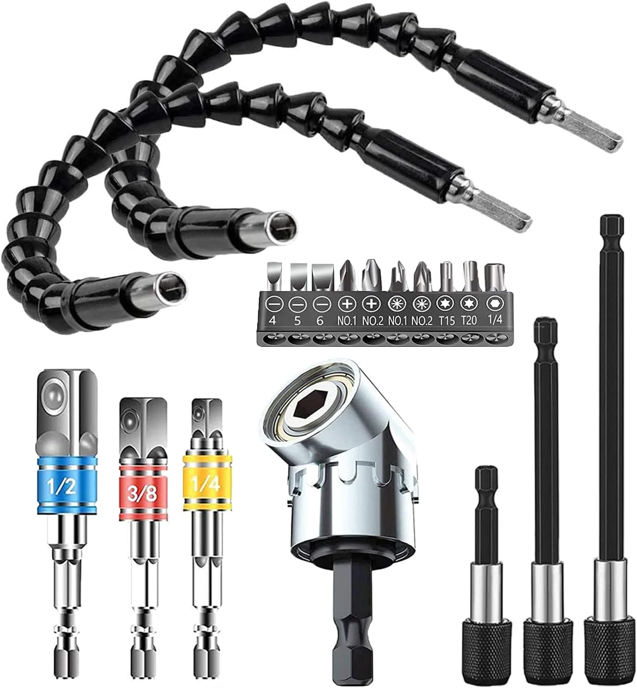 MXiiXMFlexible Drill Bit Extension Set 10pcs, Hex Shank 105°Right Angle Drill Bit Attachment, 3pcs 1/4 3/8 1/2" Universal Socket Adapter Set, 3pcs Drill Bit Holder Extension, Screwdriver Bit Set …