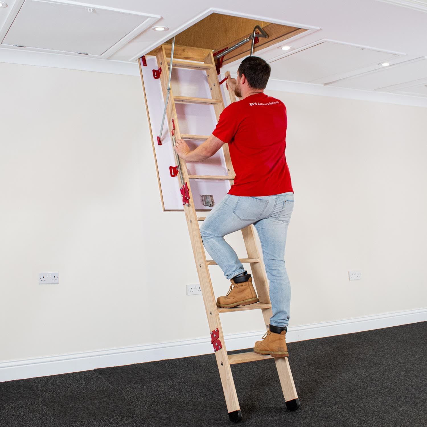 BPS® Grand Wooden Loft Ladder | Extra Large Treads | Double Spring Assisted | Massive 200kg Weight Rating | EN14975 Certified | 1280mm x 700mm Floor to Ceiling Heights up to 2.8m