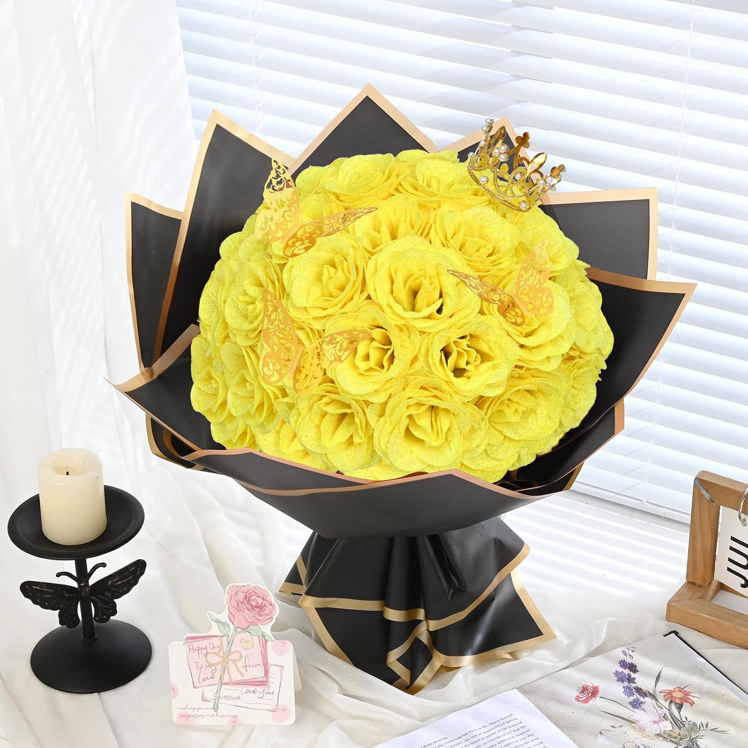 Waipfaru Yellow Glitter Roses Bouquet, DIY Flowers Bouquet, Birthday Gifts for Women Mom Grandma Wife Girlfriend, 24 Pcs Fake Rose for Valentines, Mothers Day, Anniversary, Graduation Gifts - Image 9