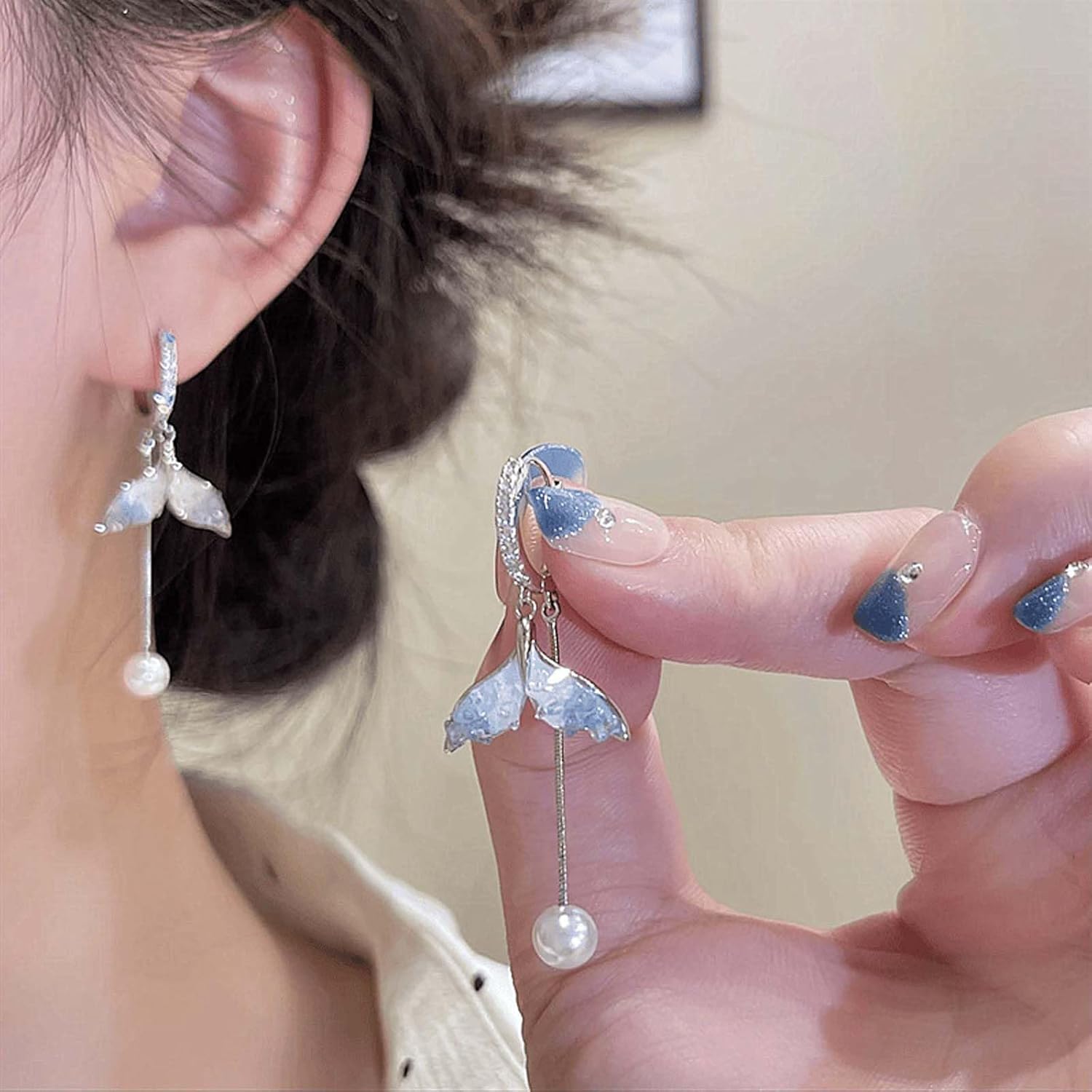 Mermaid Earrings for Women Crystal Pearl Tail Dangle Earrings Beach Earring Mermaid Jewelry - Image 2