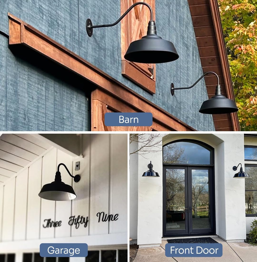 Steel Lighting Co. Large Outdoor Barn Light |Garage Light Fixture | Made in America from 18-Gauge Steel | 20" Dome | 20" Straight Arm Matte Black Exterior/White Interior