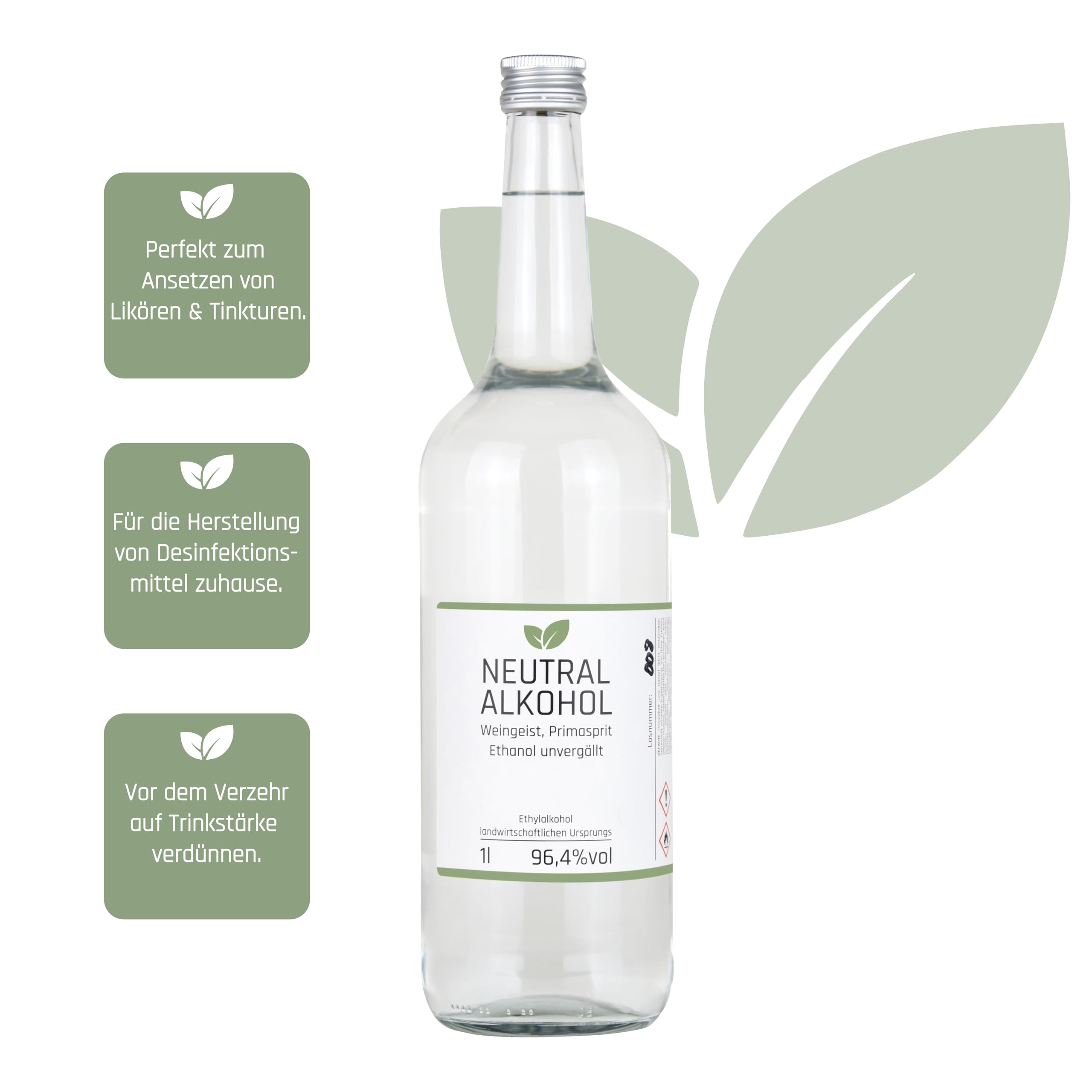 1l Weingeist Primasprit Trinkalkohol 96,4% vol - zum Ansetzen von Likören, Gin oder Tinkturen - 1l Flasche
