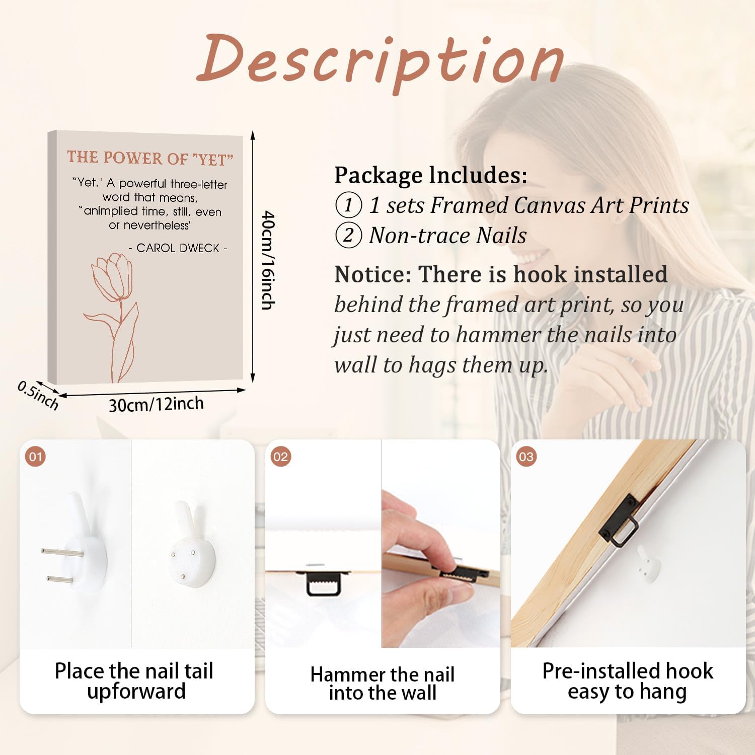 HPNIUB Boho Growth Mindset Classroom Wall Art, Set Of 6 Piece (12x16inch,Framed) Rustic The Power of Yet Motivational Quote Mental Health Wall Decor, Positive Affirmations Poster for Office Bedroom