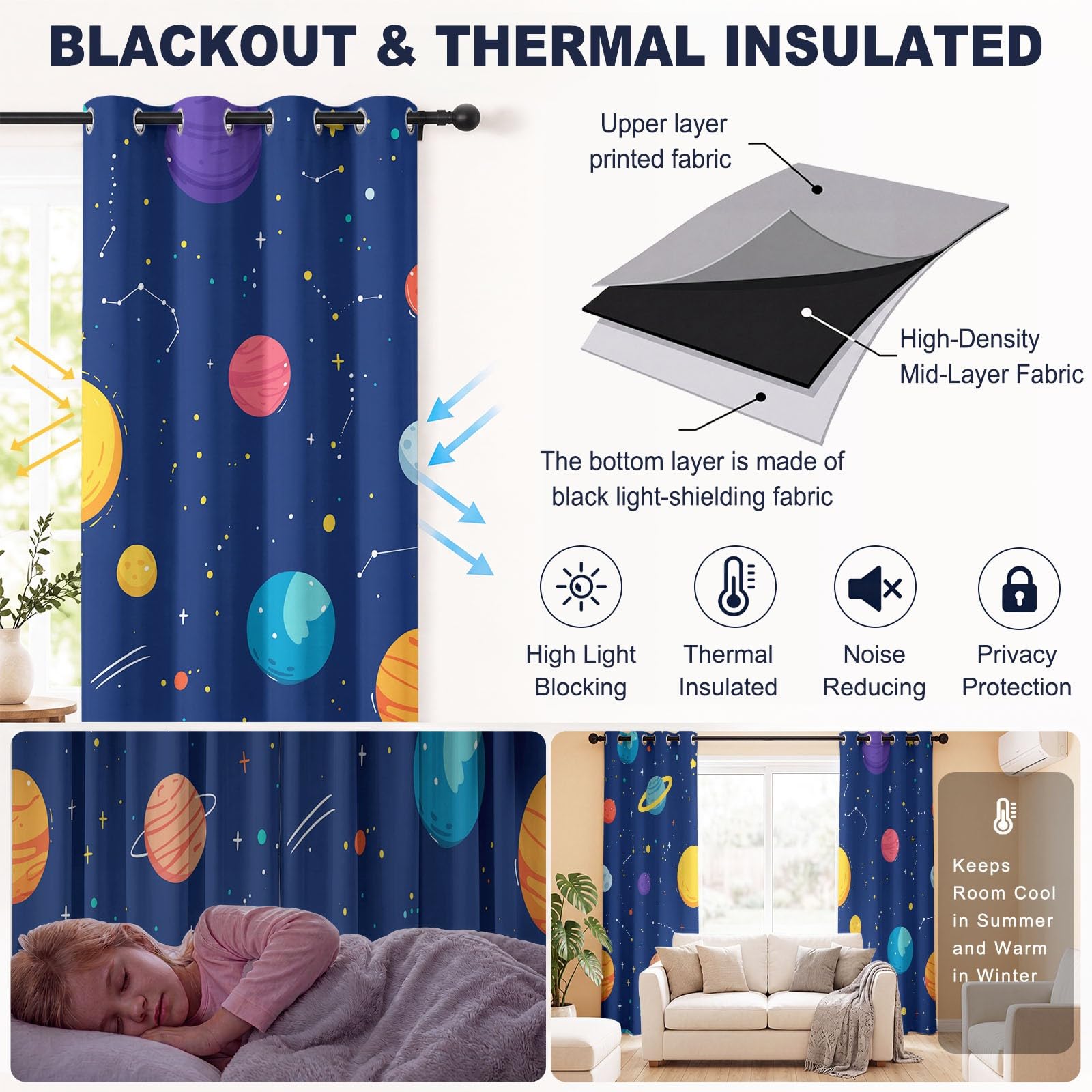 Rideaux Opaques Isolants Thermiques À Oeillets Espace Système Solaire, Rideau Occultant Planètes Étoiles, Décoration de Fenêtre pour Salon Cuisine Bébé 2 Pièces L 140 x H 250 cm