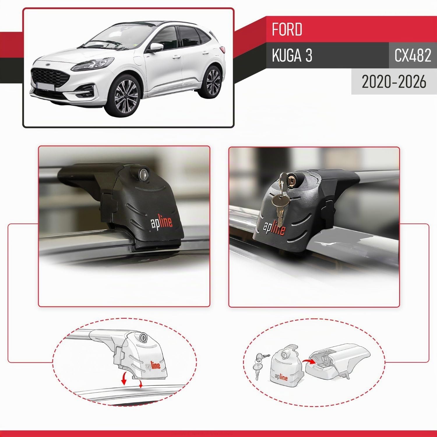 Compatible con Ford Kuga 3 (CX482) 2020-2025 ACE-2 Barras de Techo Auto Portaequipajes Barras Transversales Gris Aluminio 2 Barras