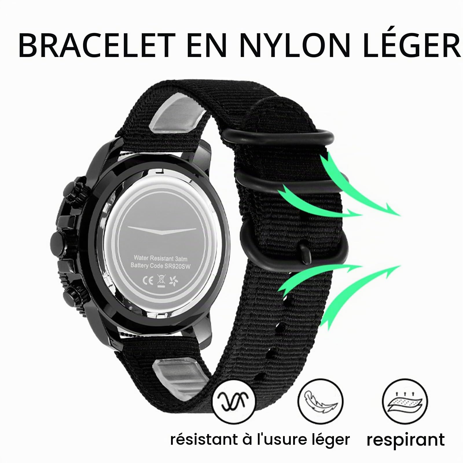 Montre militaire étanche pour homme avec calendrier et aiguille lumineuse