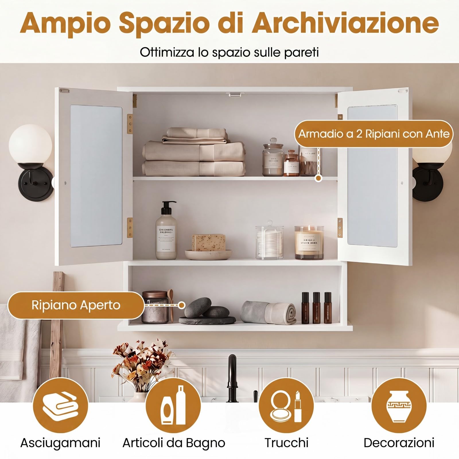 COSTWAY Armadietto Bagno a Specchio da Parete, 56 x 13 x 58 cm (Bianco) | Specchiera con 2 Ante, Ripiano Aperto e 2 Scomparti, Mobile da Bagno Salvaspazio per Soggiorno e Camera da Letto