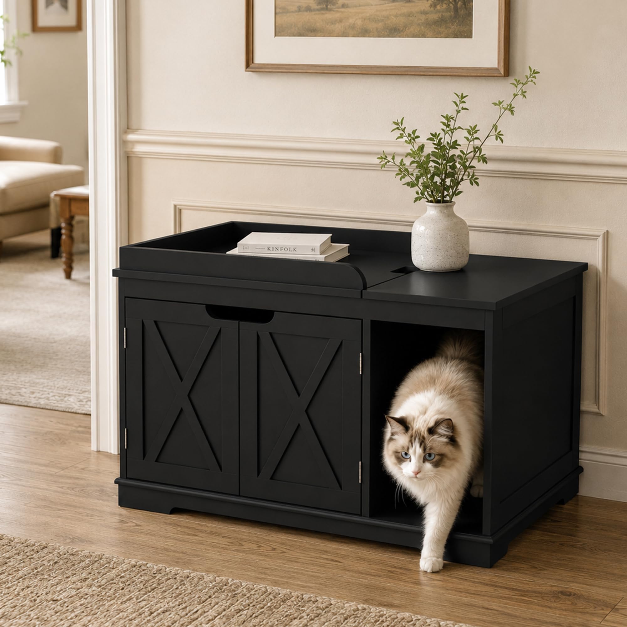 PUPETPO Cat Litter Box Furniture, Hidden Litter Box with Flip Top | Farmhouse Style Cat Litter Boxes Cabinet, Fits Medium and Large Cats, Dog-Proof, Reversible Entrance, Black