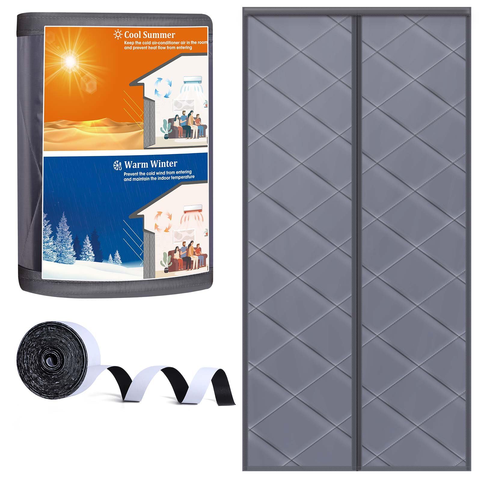 Magnetic Thermal Insulated Door Curtain, Door Insulation Cover Screen for Door Size 34" x 82", Durable Oxford Cloth & Thicken Polyester Fiber Fill for Garage Attic Doorways Hallway, Gray