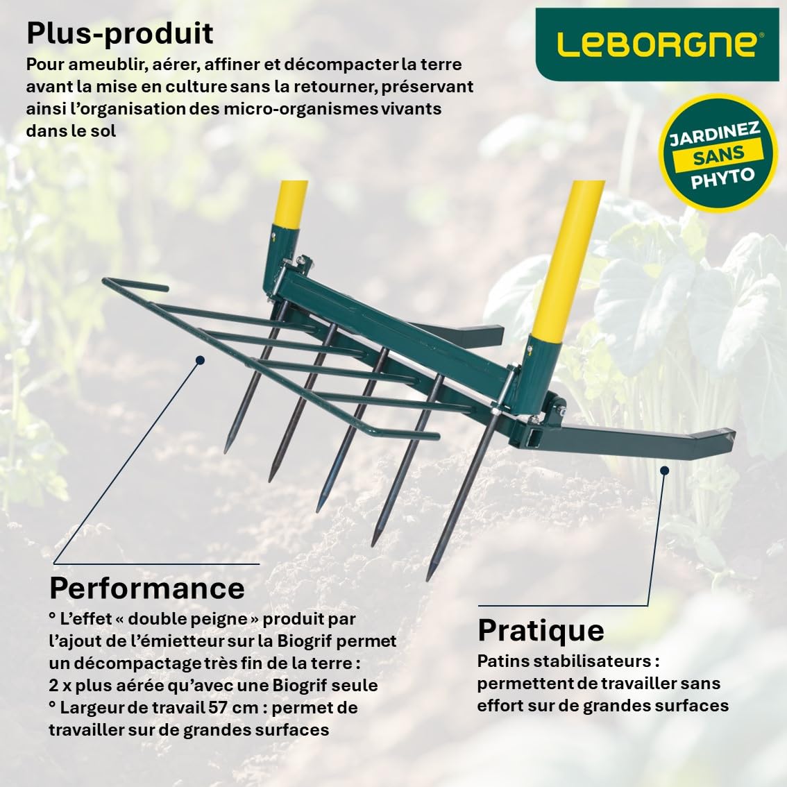 Leborgne, NaturOvert Biogrif 5 zębów, narzędzie ogrodnicze ze stali, idealne do napowietrzania i kruszenia gleby, pasuje do wszystkich rodzajów ziemi, kompaktowy rozmiar dla łatwego użytkowania