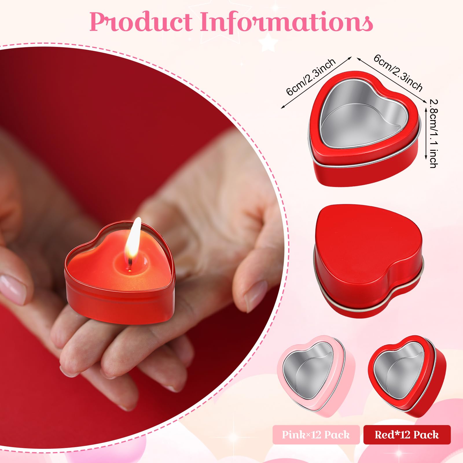 24 Pcs 2oz Heart Shaped Metal Tins with Clear Window Lids Empty Metal Tin Cans Heart Shaped Box Red and Pink Metal Candle Tins Heart Jar Valentine's Day Heart Containers for Candle Making Candies Gift