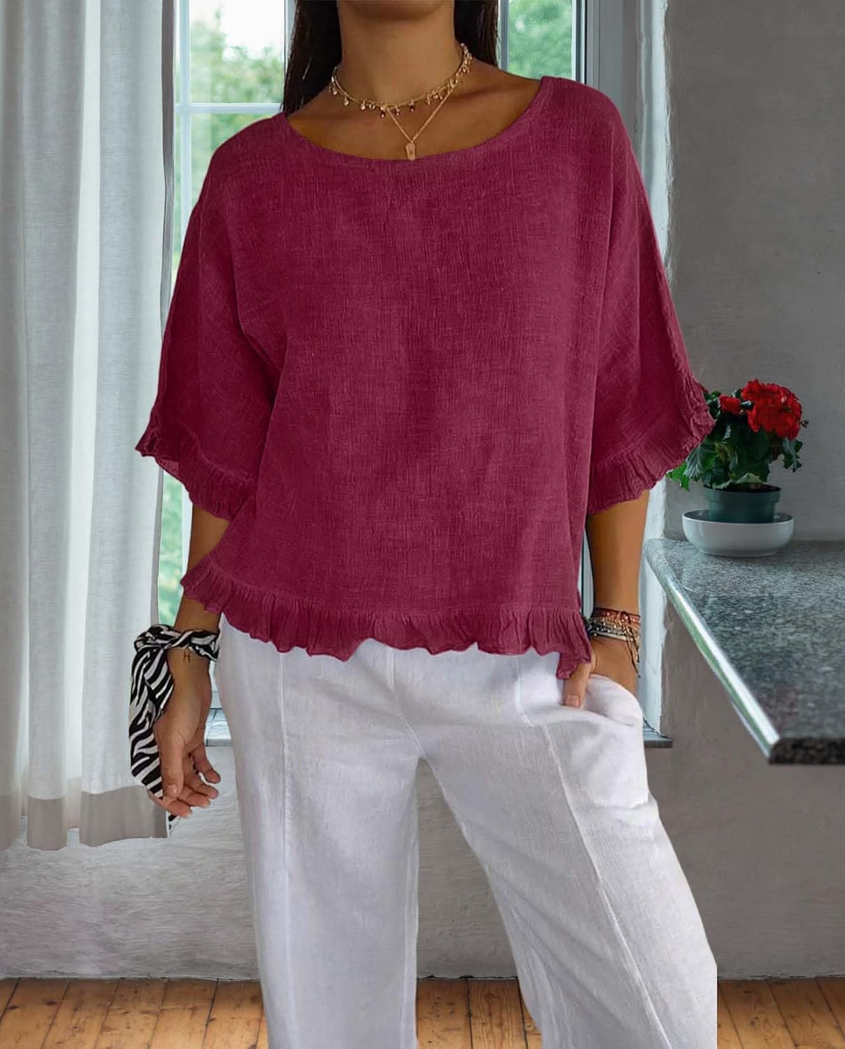 Womens Flowy Edge Casual Tops Summer Short Sleeve Loose Fit Shirts Simple Round Neck Baggy Solid Color Blouses - Image 2