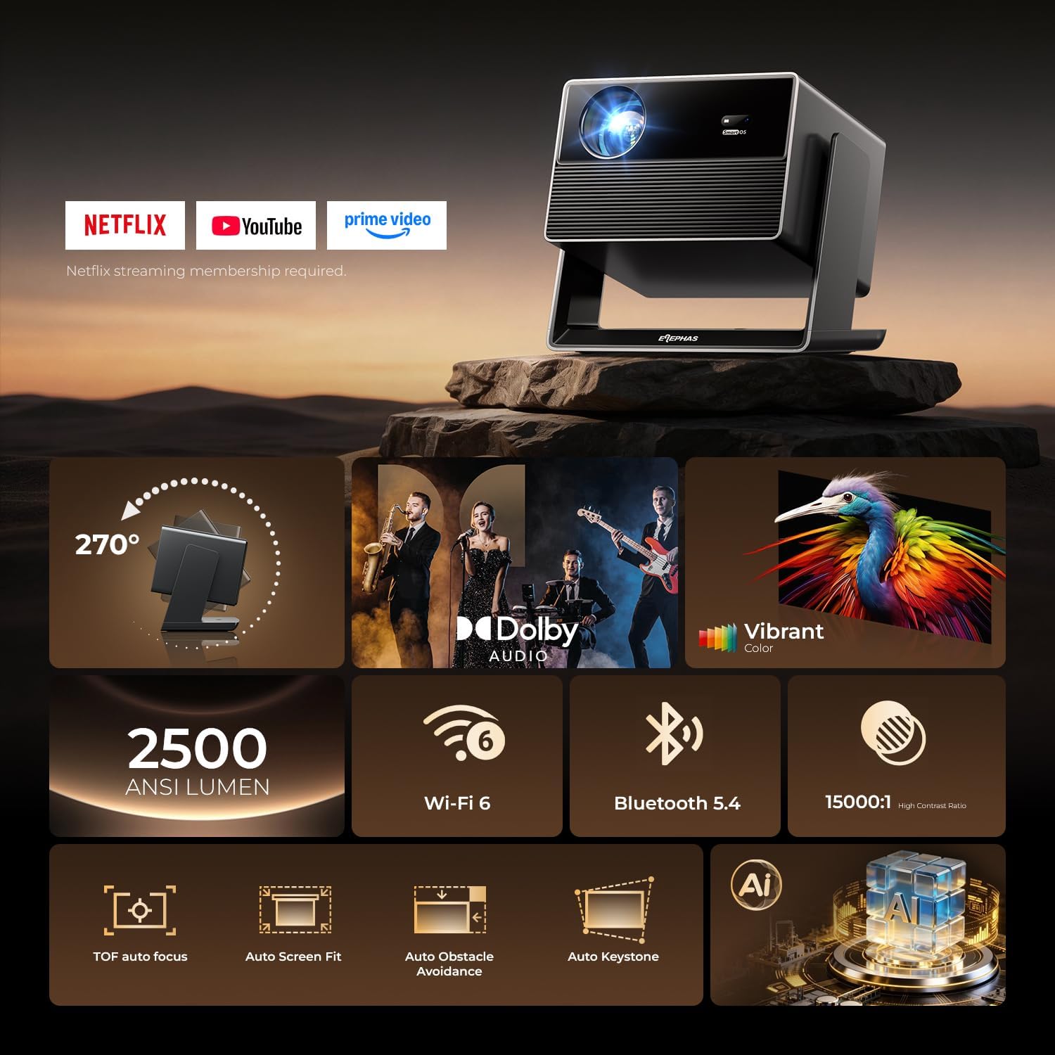 ELEPHAS Smart 4K Projector with WiFi and Bluetooth - Compatible with Netflix/Prime Video/YouTube, 270° Rotatable, AI Auto Focus & Keystone, Portable Home Theater Movie Projector for Indoor Outdoor