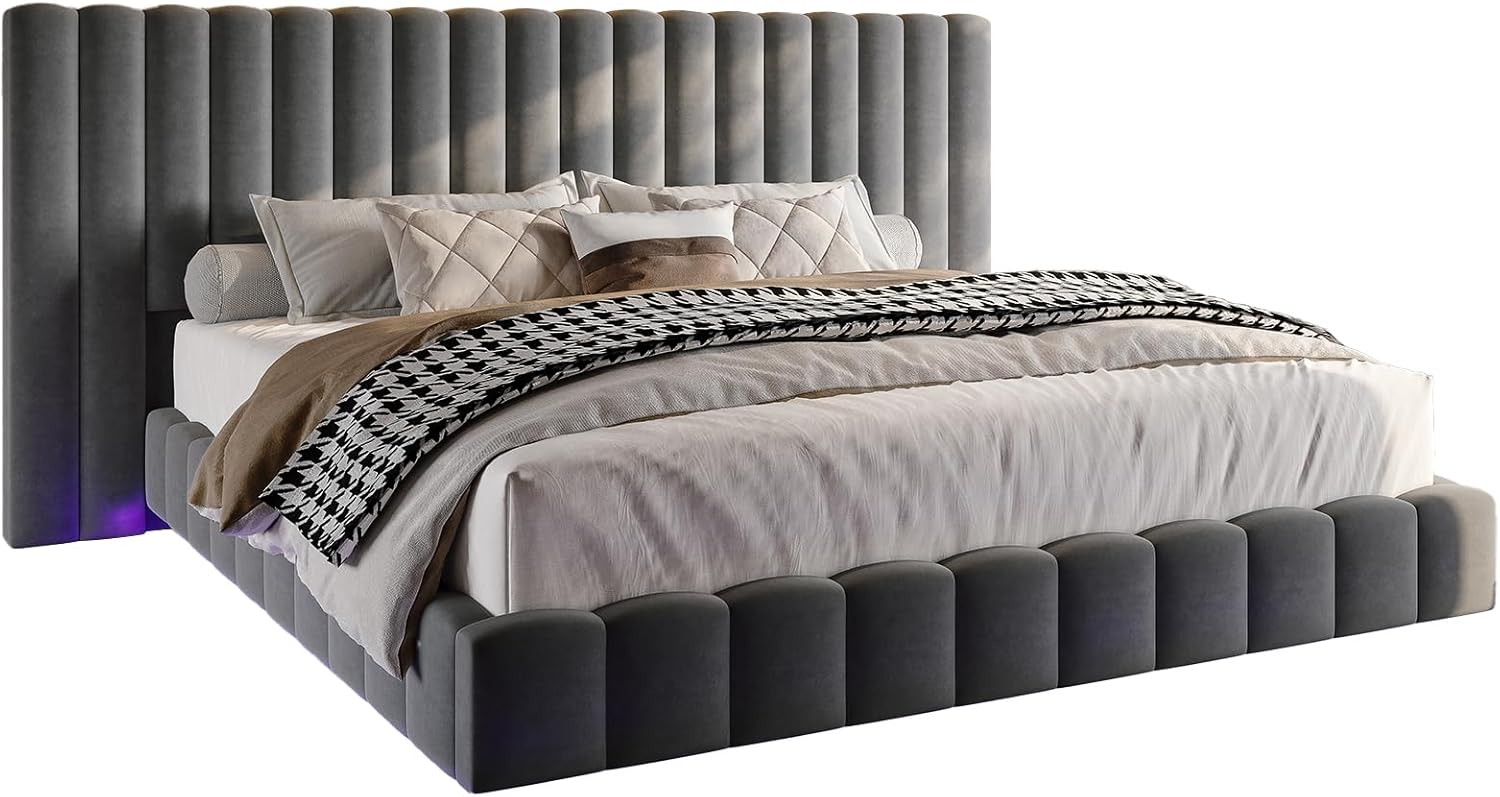 Jocisland Queen Size Upholstered Bed Frame with Oversized Headboard, Floating Design, RGB LED Lights, Velvet Channel Tufted Platform, No Box Spring Needed, Grey