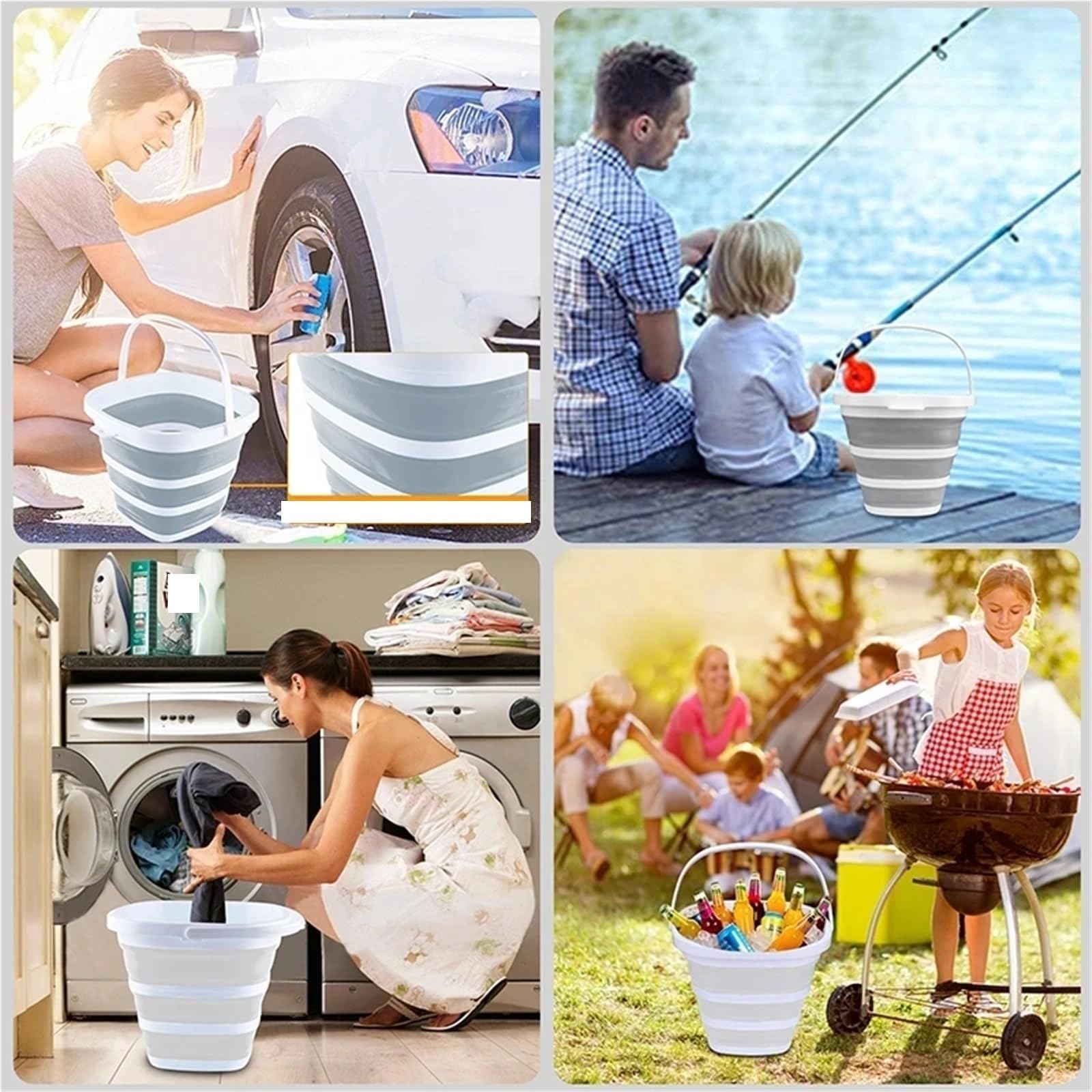 Cubo Plegable de Silicona for baño, cubeta for Lavar Autos al Aire Libre, Suministros Pesca Cuadrados, Cubo Campamento Cocina 10L, 2 uds para Lavado Camping(Grey)