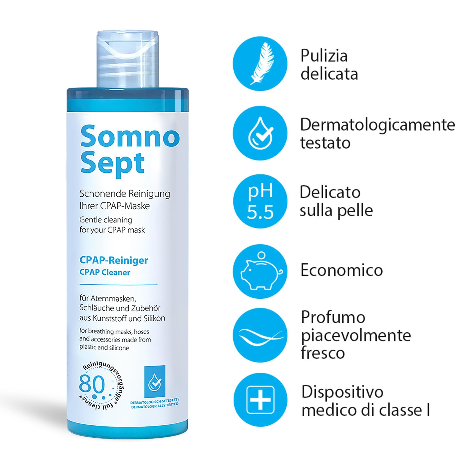 Pacchetto di pulizia CPAP – 3 x detergente CPAP SomnoSept 400 ml e 1 x spazzola per tubi oxyhero CPAP da 120 cm, 15 mm – pulizia accurata della maschera CPAP e del tubo CPAP