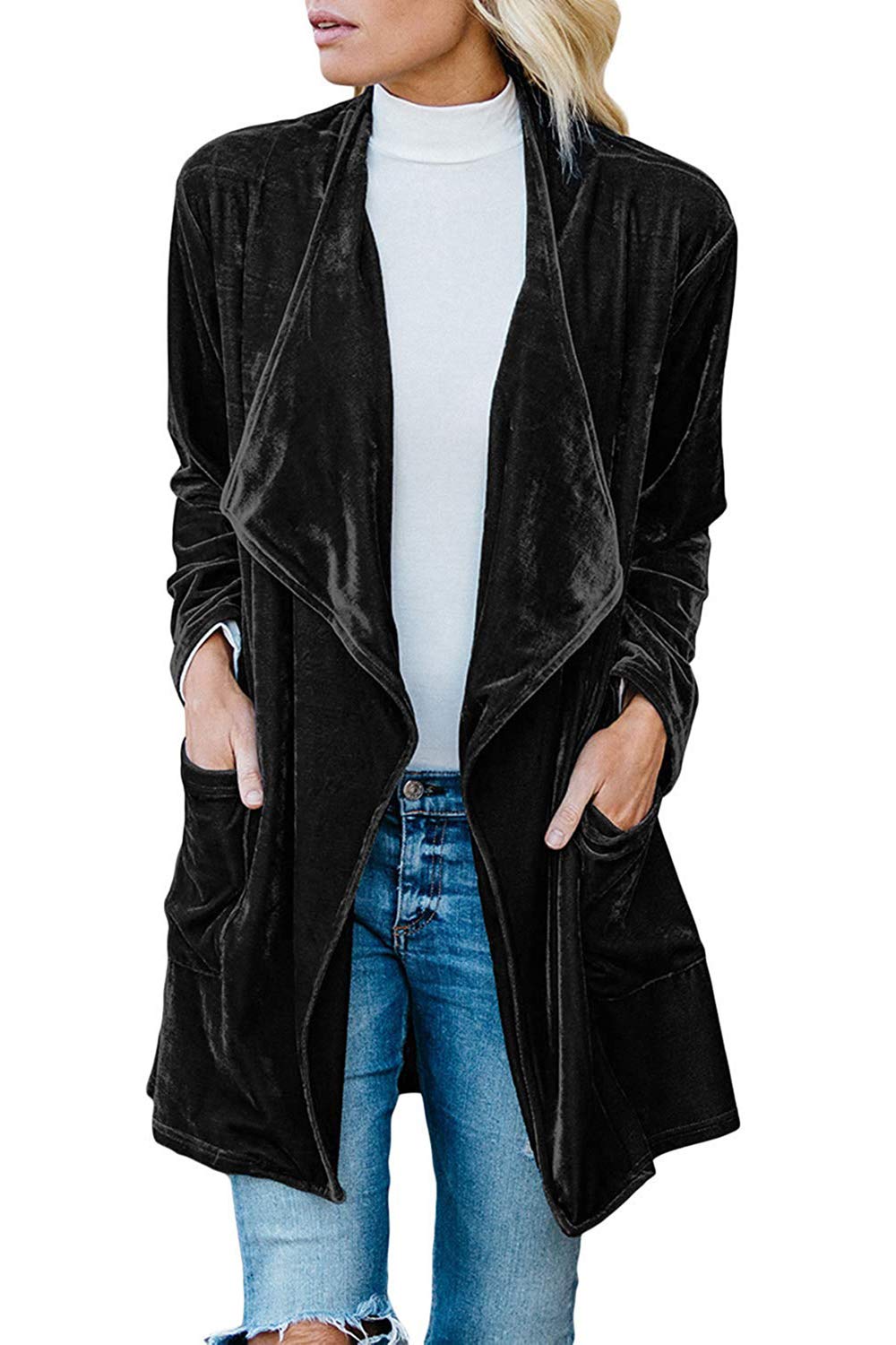 futurino Womens Solid Long Sleeve Velvet Jacket Open Front Cardigan Coat with Pockets Outerwear
