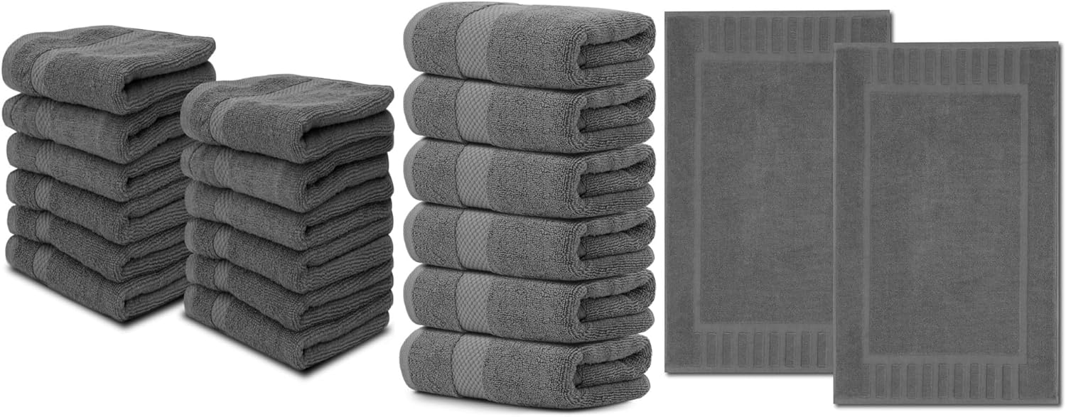 White Classic 12 Dark Gray Washcloths 13 x 13, 6 Hand Towels 16 x 30 and 2 Bath Mats 22 x 34 | Cotton, Highly Absorbent and Quick Dry for Hotels, Spa and Bathroom