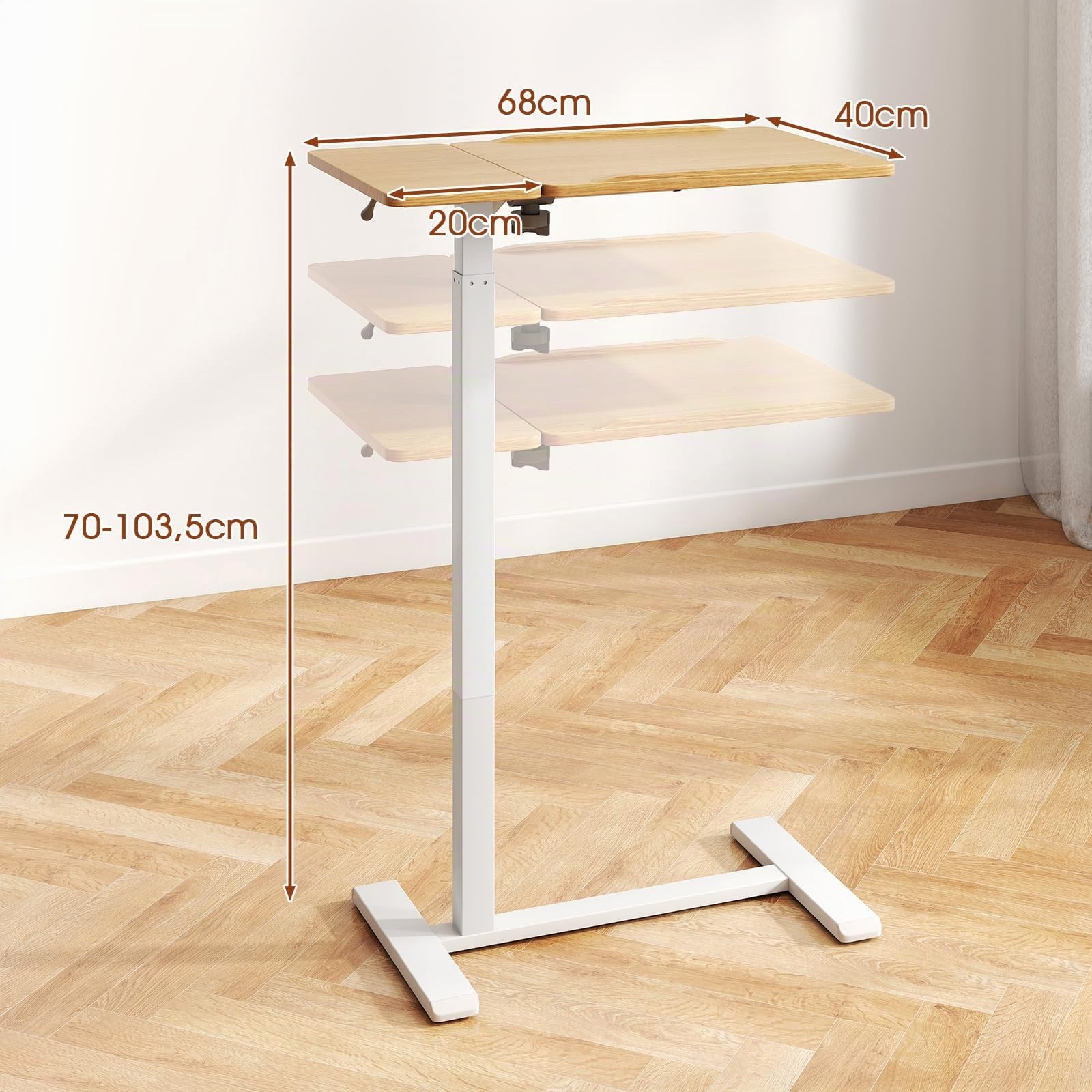 COSTWAY Mesa Auxiliar con Ruedas, Tablero Inclinable y Topes Dobles, Altura Ajustable, Mesita en Forma de C para Sofa Cama Salon Dormitorio Hospital, 68 x 49 x 70-103.5 cm, Natural