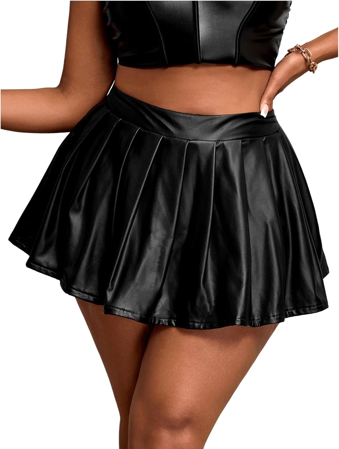 SHENHE Women's Plus Size Leather Mini Skirt Y2K Pleated High Waist Low Rise PU Micro Skirt Skorts