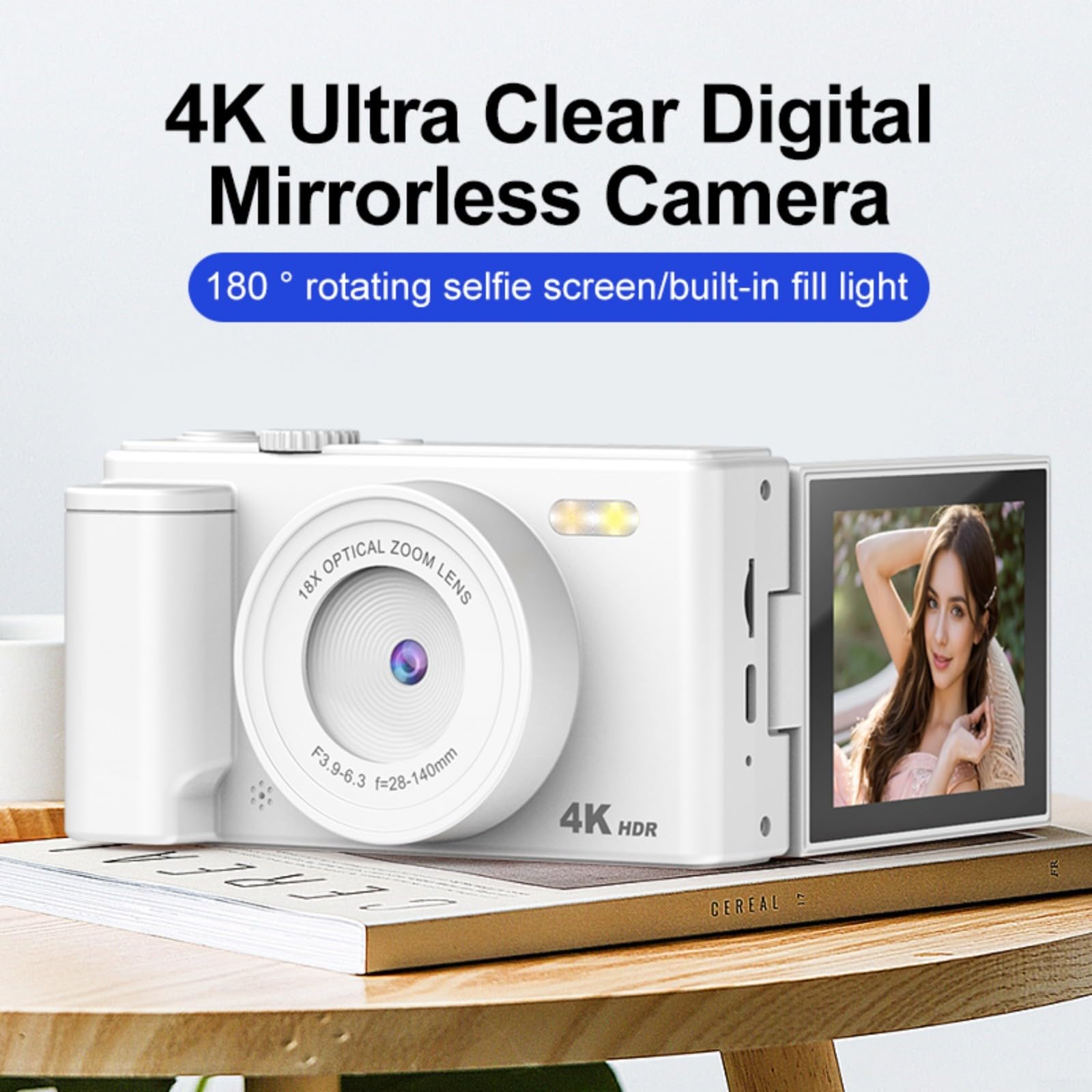 Fotocamera digitale da 64 MP 4K con zoom 16X e schermo a ribalta, telecamera compatta per vlogging per viaggi, studenti e selfie (bianco 32G)