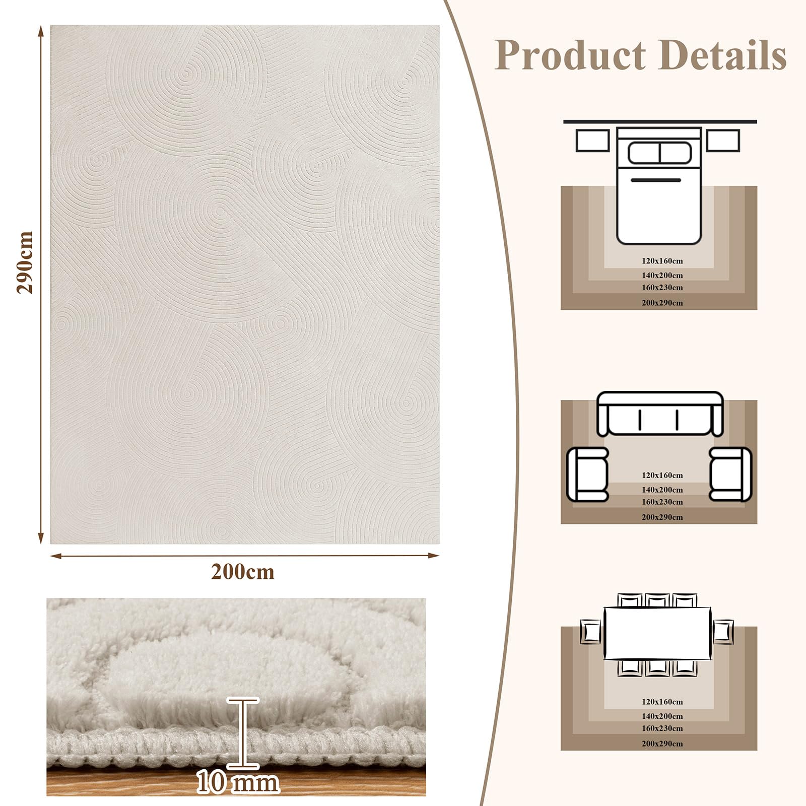 SHACOS Tappeto Camera da Letto Beige, Grande Morbido Tappeti Salotto Moderni, Antiscivolo Tappeto Lavabile in Lavatrice per Cameretta, Cucina, Rug Geometrico Minimalista, 200 x 290 cm