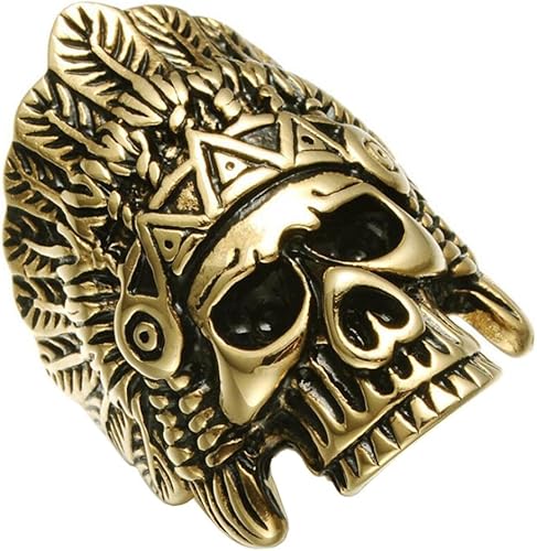 Cool Feather Dayak Indian Headdress Punk Skull Stainless Steel Mens Ring