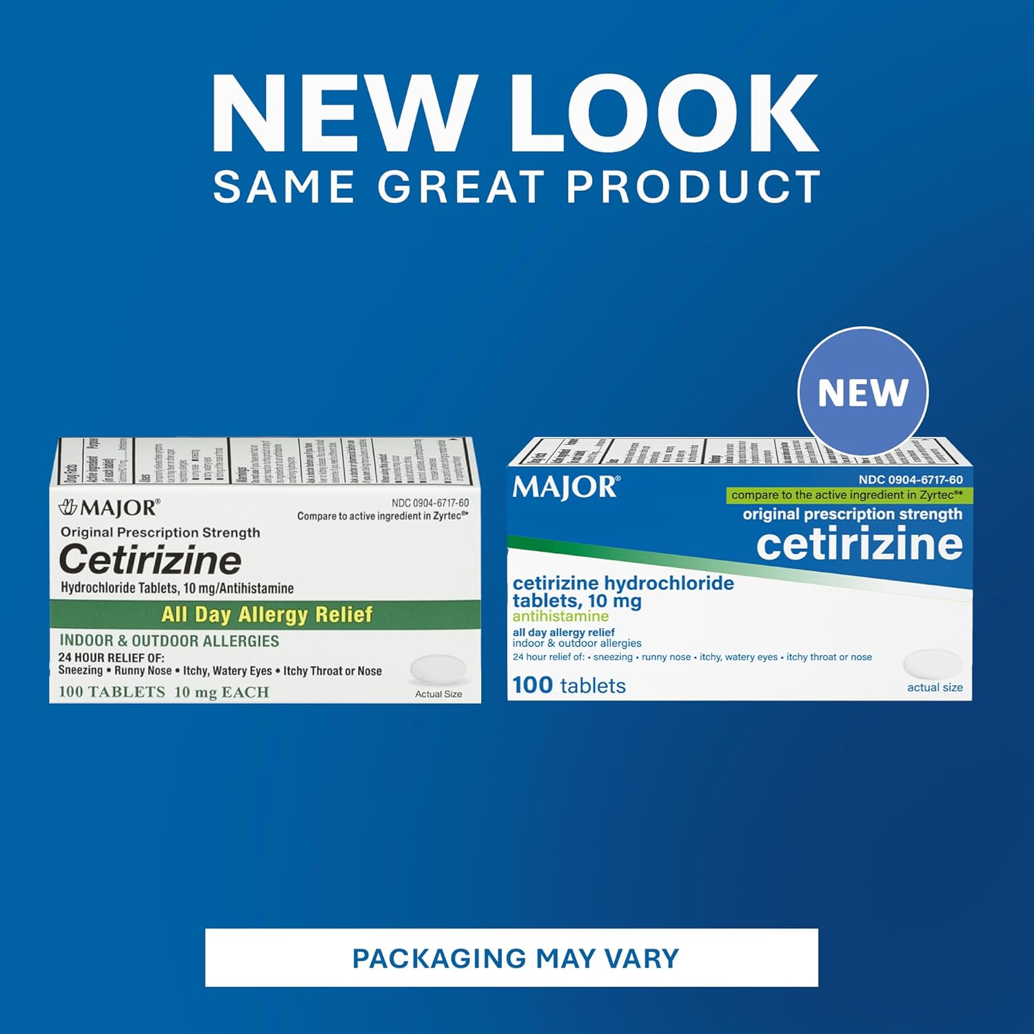 Major Cetirizine Hydrochloride Tablets - 24 Hour Indoor and Outdoor Allergy Relief for Sneezing, Watery Eyes, Itchy Throat or Nose - 10mg - 100 Count (3 Pack)