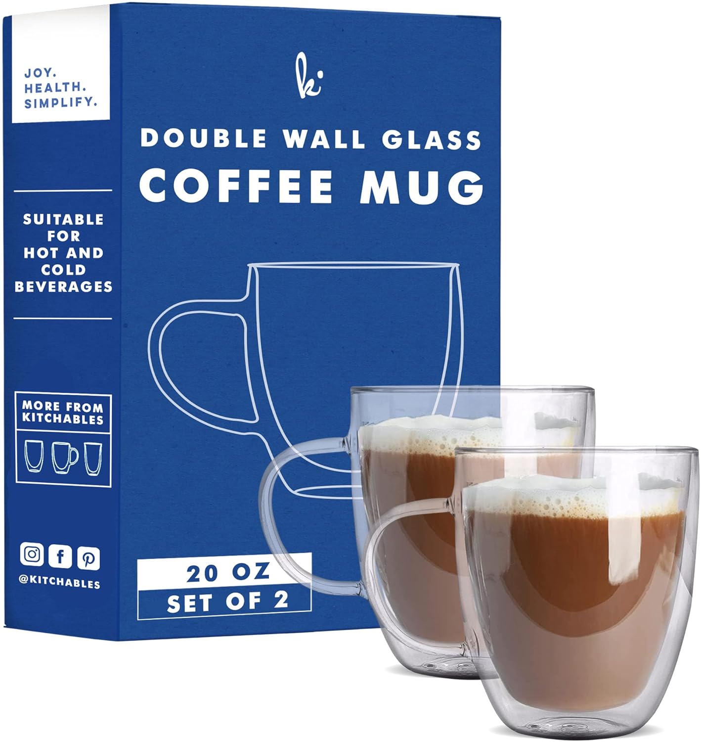 Kitchables Double Walled Glass Mugs Set of 2, 20oz