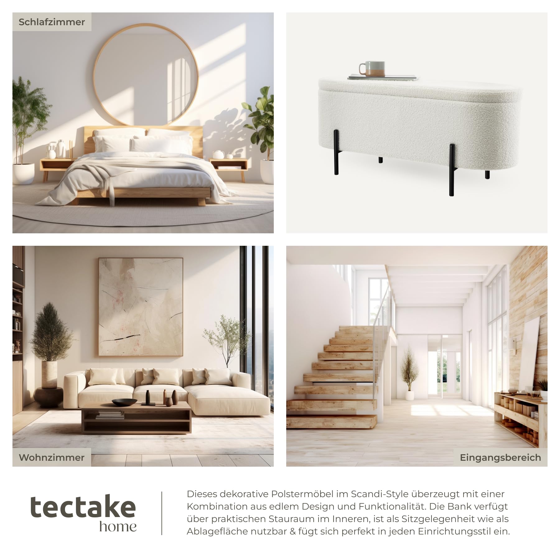 tectake® Sitzbank mit Stauraum, Truhe mit Deckel, Polsterbank Sitztruhe als Bettbank mit Stauraum, Aufbewahrungskiste, Sitztruhe mit Stauraum, gepolstert, mit Bouclé Stoff im Scandi Style