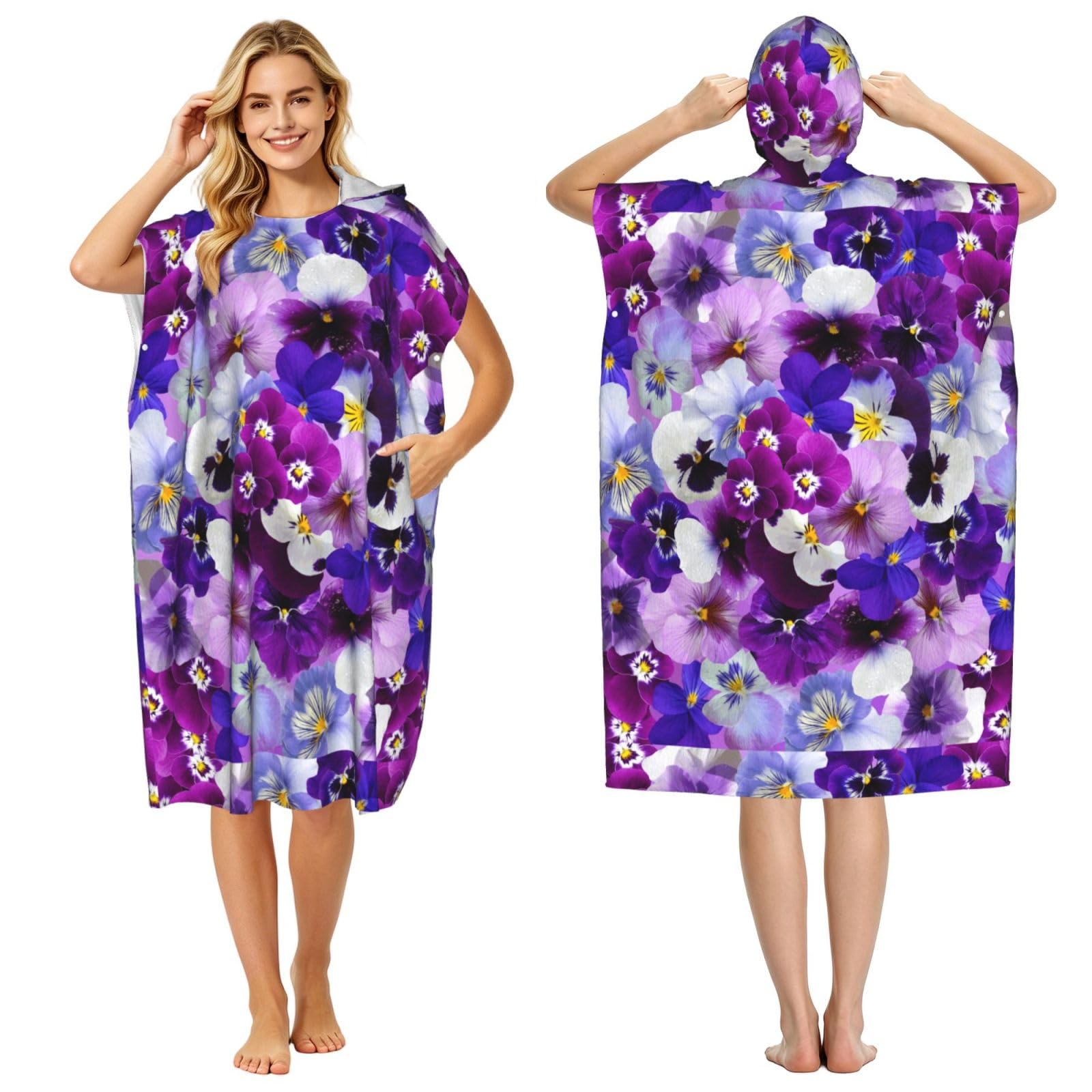 Poadnly Purple Flower, Adult Hooded Beach Towel 90 x 110 cm,Changing Bath Robe, Surf Poncho Towel For Women Men