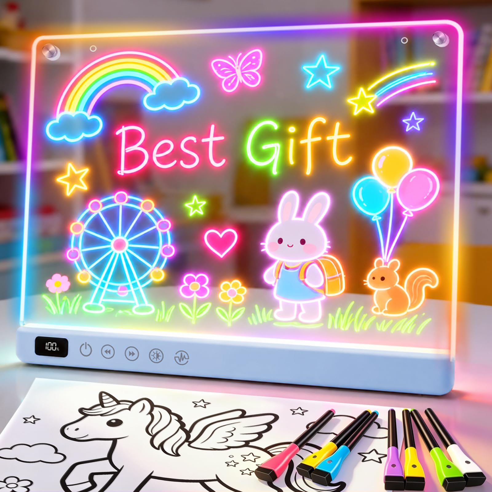 16" Rechargeable Led Drawing Board for Kids with 13 Light Effect, Glow Doodle Acrylic Dry Erase Board-Built-in Stand, Light Up Drawing Tablet for Kids, Gifts for Girls/Teen, 7 Markers(Blue)