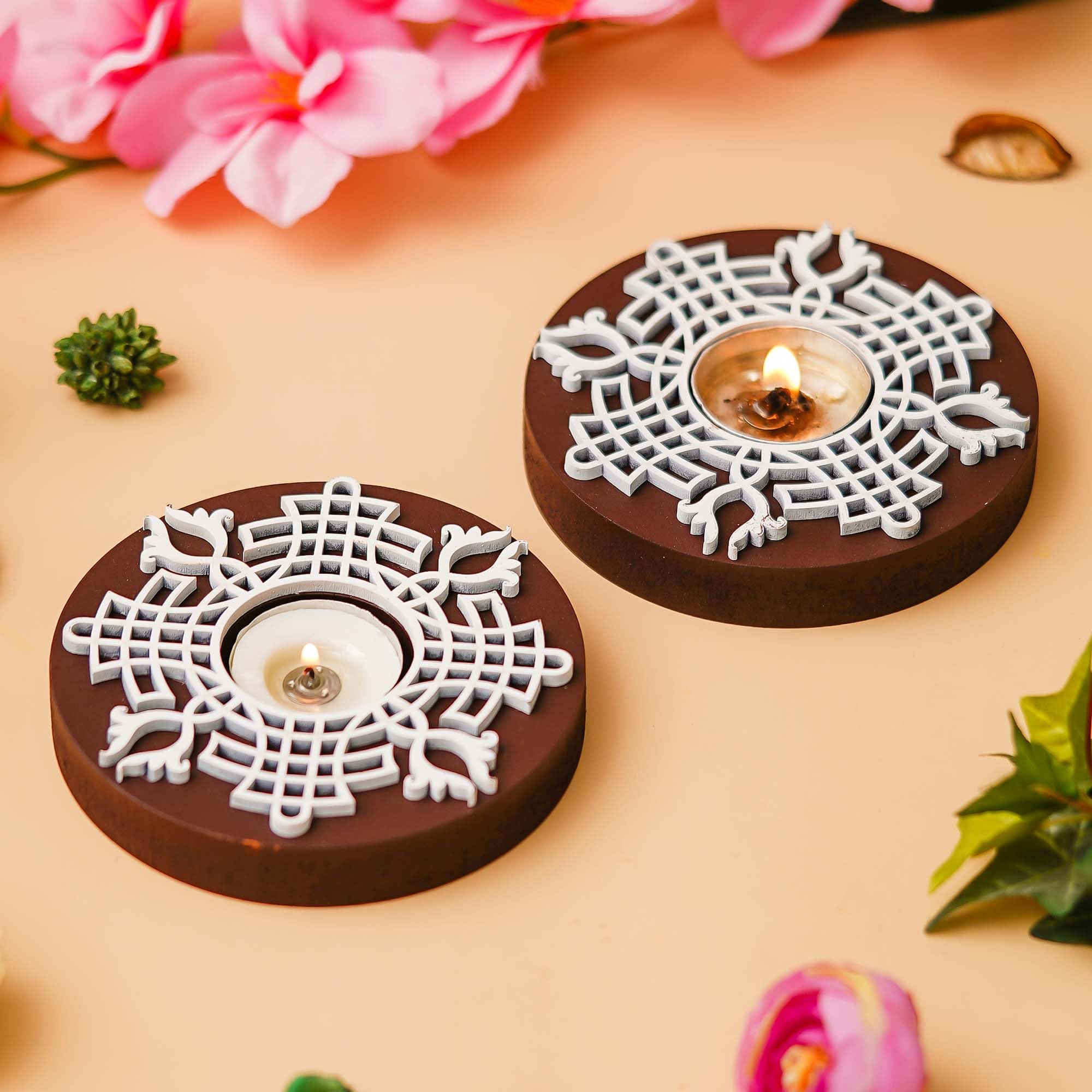 eCraftIndia Brown & White Round Handcrafted Wooden Block Print Tea Light Candle Holders, Diya Stands - Tea Light Holders - Christmas Diwali Decoration Items for Home Decor - Set of 2 (B0DF5QY33K) Amazon Price History, Amazon Price Tracker