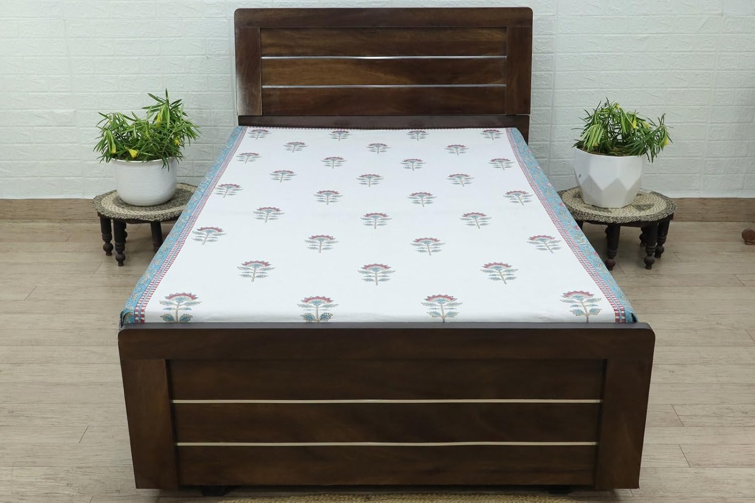 Twin Size Hand Block Printed Cotton Bedsheet, Blue Red, 100% Cotton Flat Sheets, Floral Pattern, Soft and Breathable for Cozy Bedding Home Decor Bedroom Autumn Thanksgiving