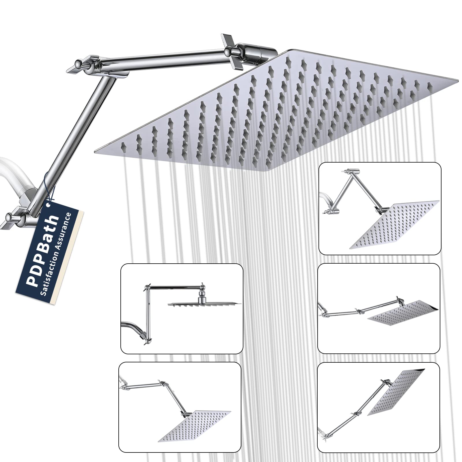 PDPBath Soffione doccia a pioggia da 25,4 cm con braccio di estensione regolabile in altezza e distanza da 40,6 cm, in acciaio inossidabile 304, soffione a pioggia ad alta pressione, soffione a