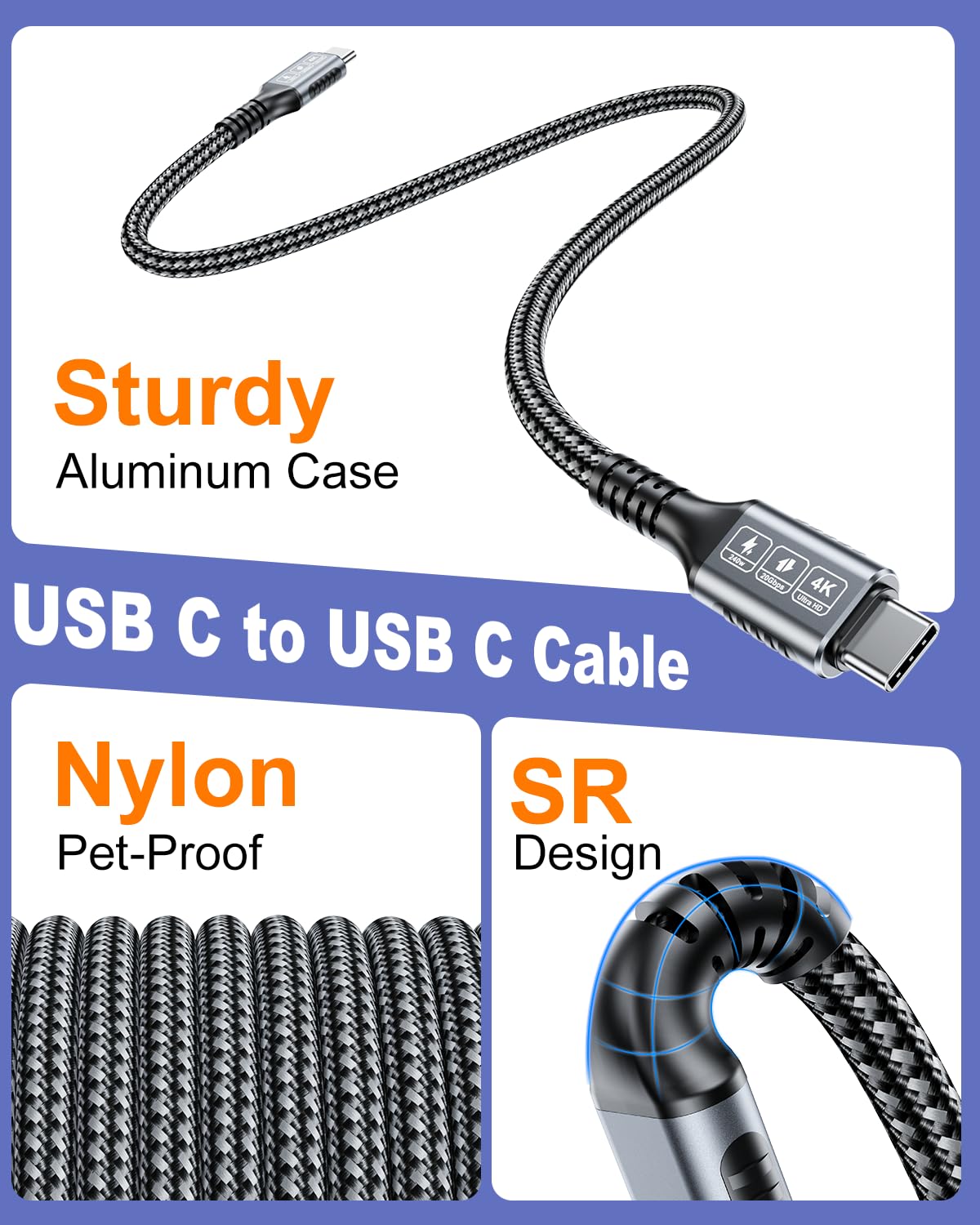 Cavo da USB C a USB C, ricarica rapida da 240 W, dati 20 Gbps, video 4K