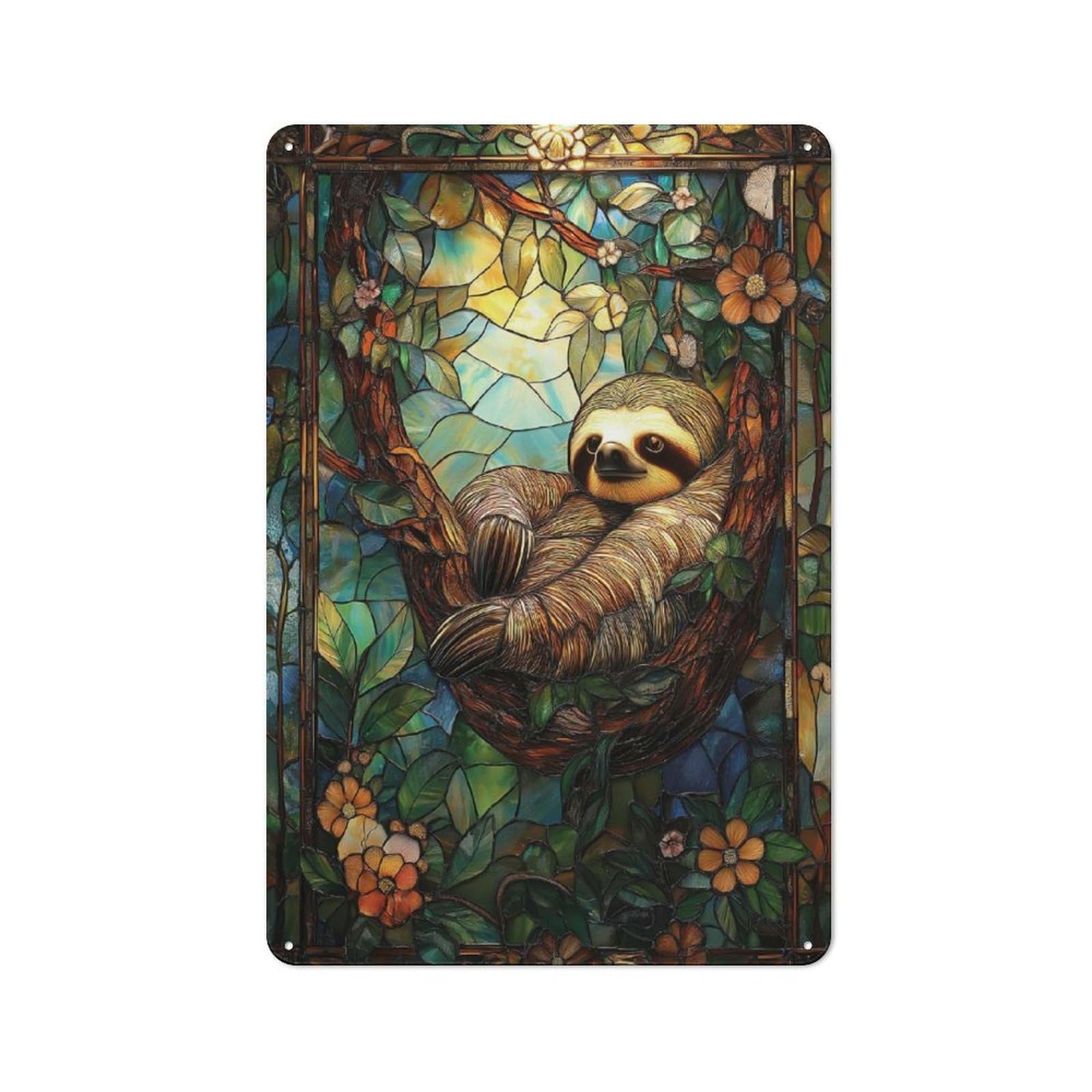 Junmoney Style-4 Stained Glass Sloth Printed Metal Sign 30X20cm For Workshop Wall, Suited To Metal Sign Collectors, For Retro Home Interiors