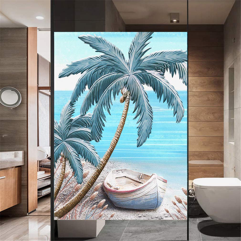 Xijier Decorative Privacy Frosted Window Film - Beach Pattern Glass Door Covering - 75x200cm (27.6