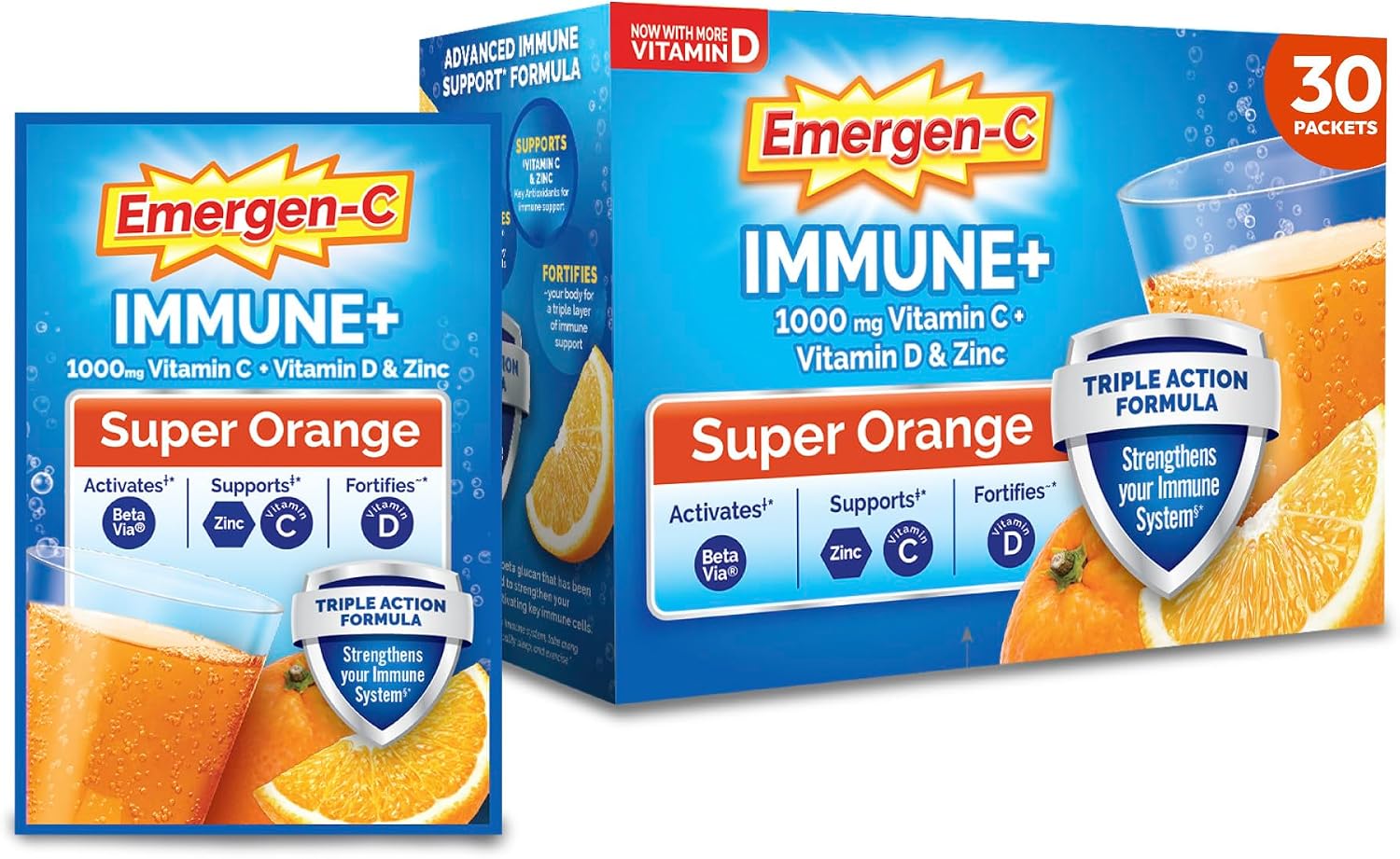Emergen-C Immune+ Triple Action Immune Support Powder, Super Orange, 30 ct