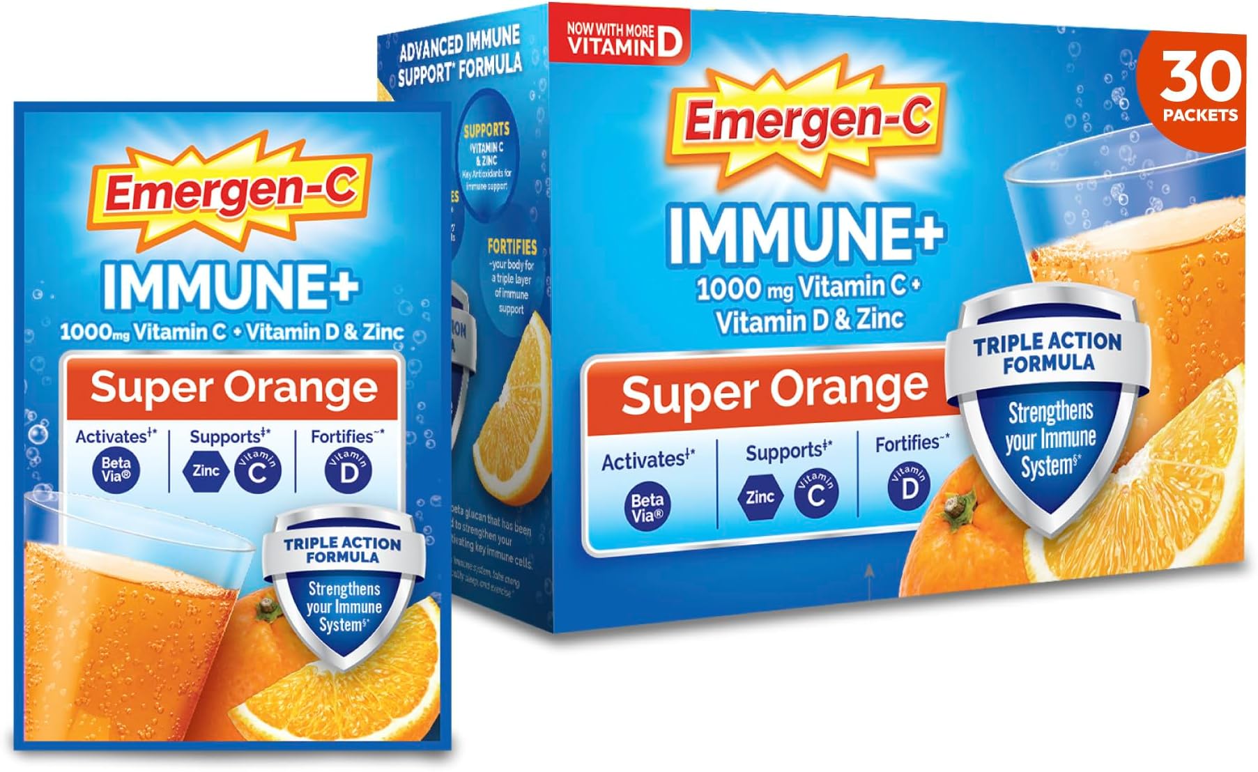 Immune+ Triple Action Immune Support Powder, Super Orange, 30 ct