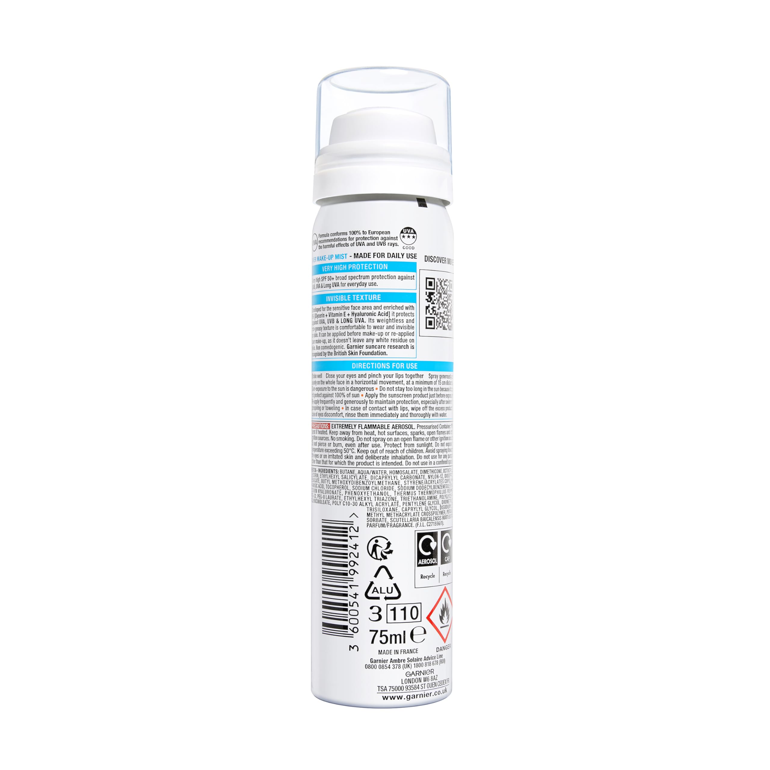 Garnier Spray Fissante Make Up con Protezione Solare SPF50+, Protezione da Macchie Scure, Trucco Perfetto a Lungo, Formula Vegana con Glicerina, Vitamina E e Acido Ialuronico, Ambre Solaire, 75 ml