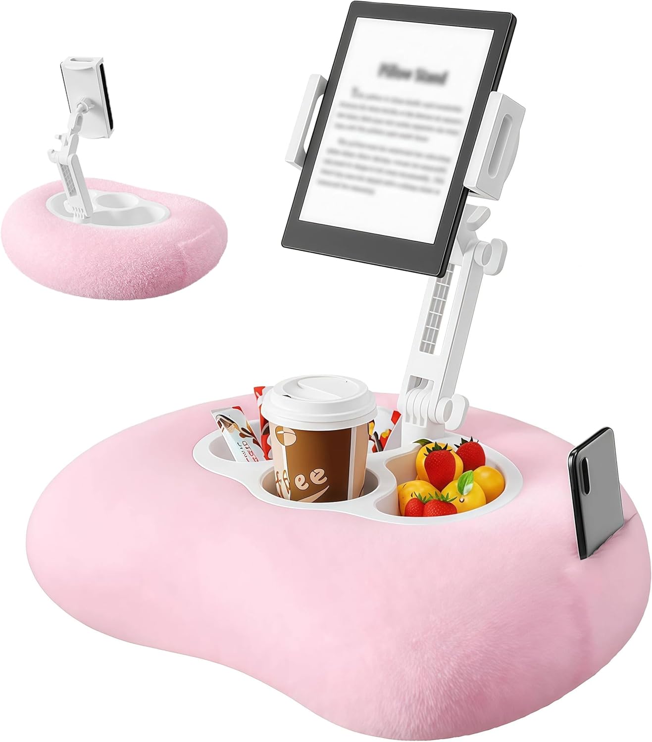 Tablet Pillow Stand, Tablet Mount with 3 Detachable Snack Bowl, 360° Rotating Pillow Holder for Bed, Soft Plush Fabric, for 4.7"-12.9" Tablets Phone, iPad Cushion for Reading Watching On Bed Sofa